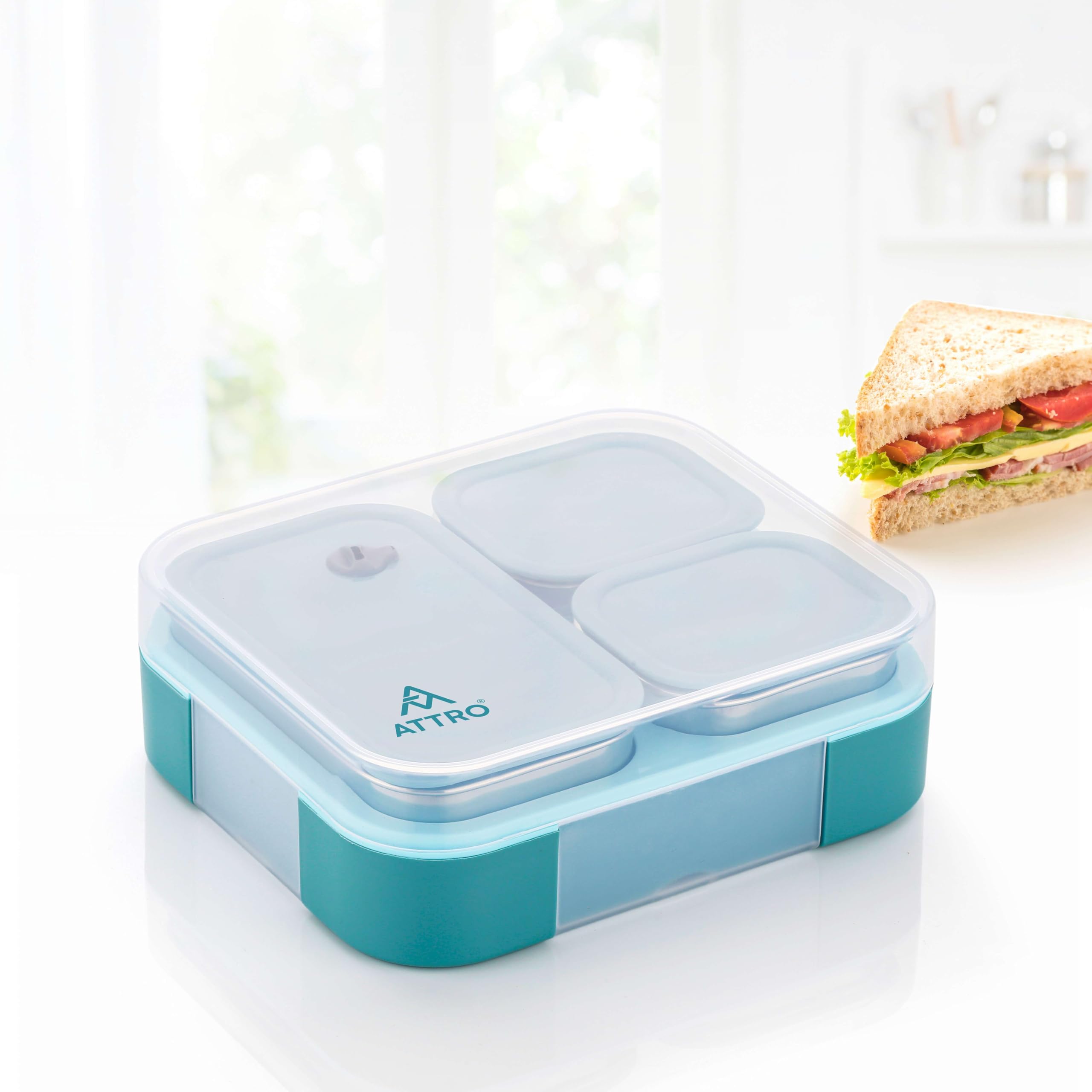 Attro Admire 3 Compartment Stainless Steel Lunch Box Bpa Free, Durable & Lightweight, Easy To Carry, Compact Design Ideal For Sc