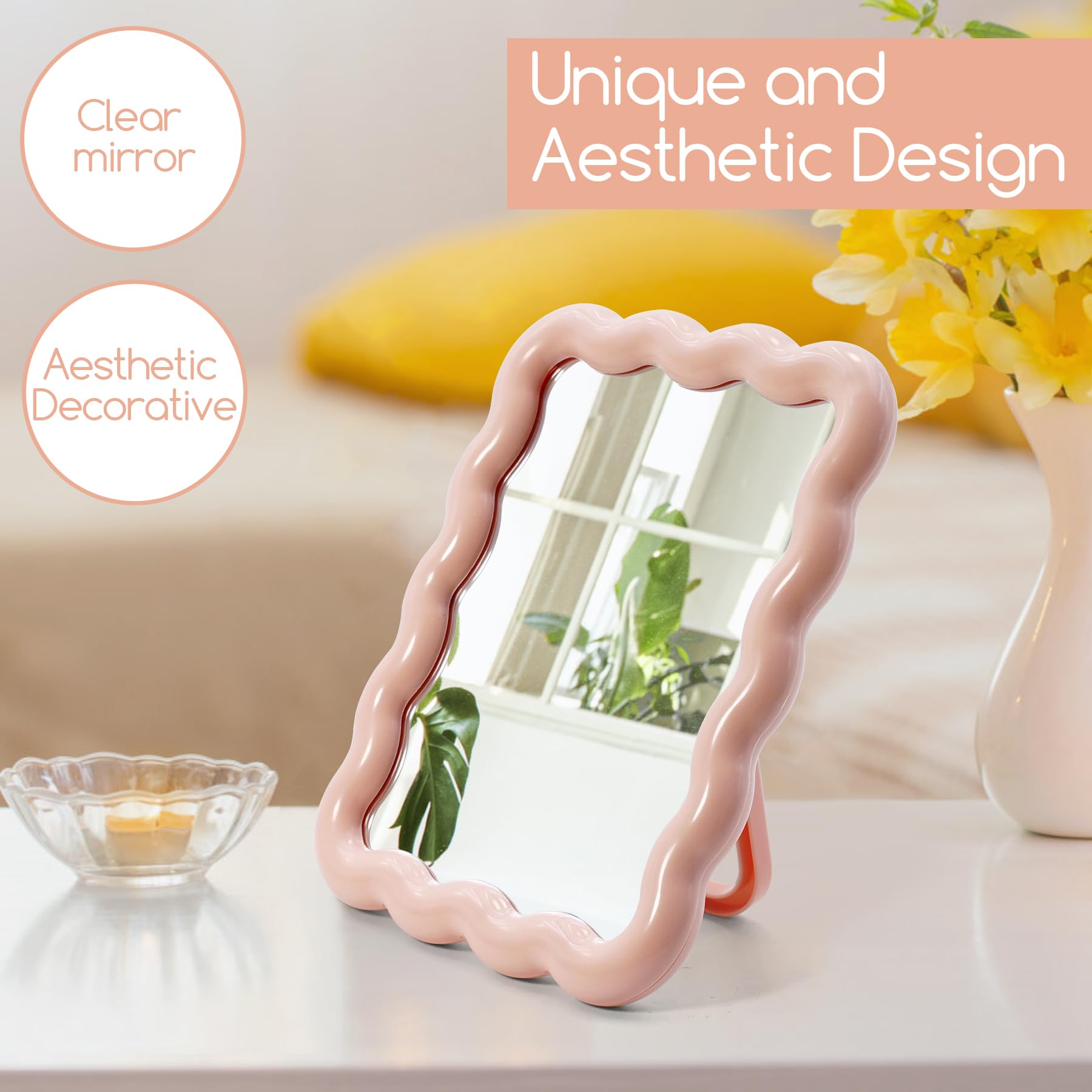 Philbinden Cute Wave-Shaped Desk Vanity Makeup Mirror, Portable Folding Travel Makeup Mirror for Standing/Hanging, Home Decorati