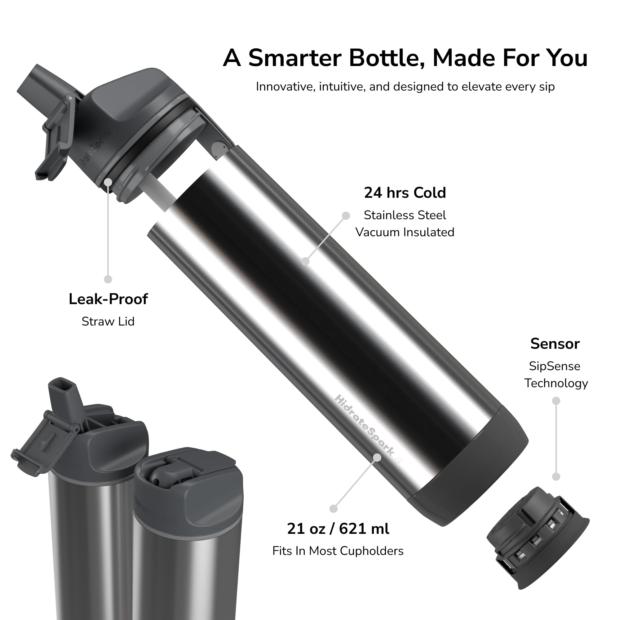 Hidrate Spark Pro Smart Water Bottle - Tracks Water Intake With Bluetooth, Led Glow Reminder When You Need To Drink - Straw Lid,