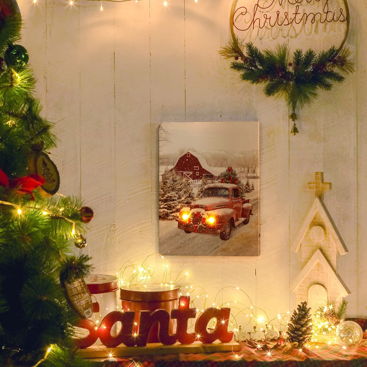 NIKKY HOME 16'' x 12'' Christmas LED Lighted Canvas Wall Art Prints Light Up Red Truck Barn House and Christmas Tree Picture Winter Snow Scene for Holiday Decor