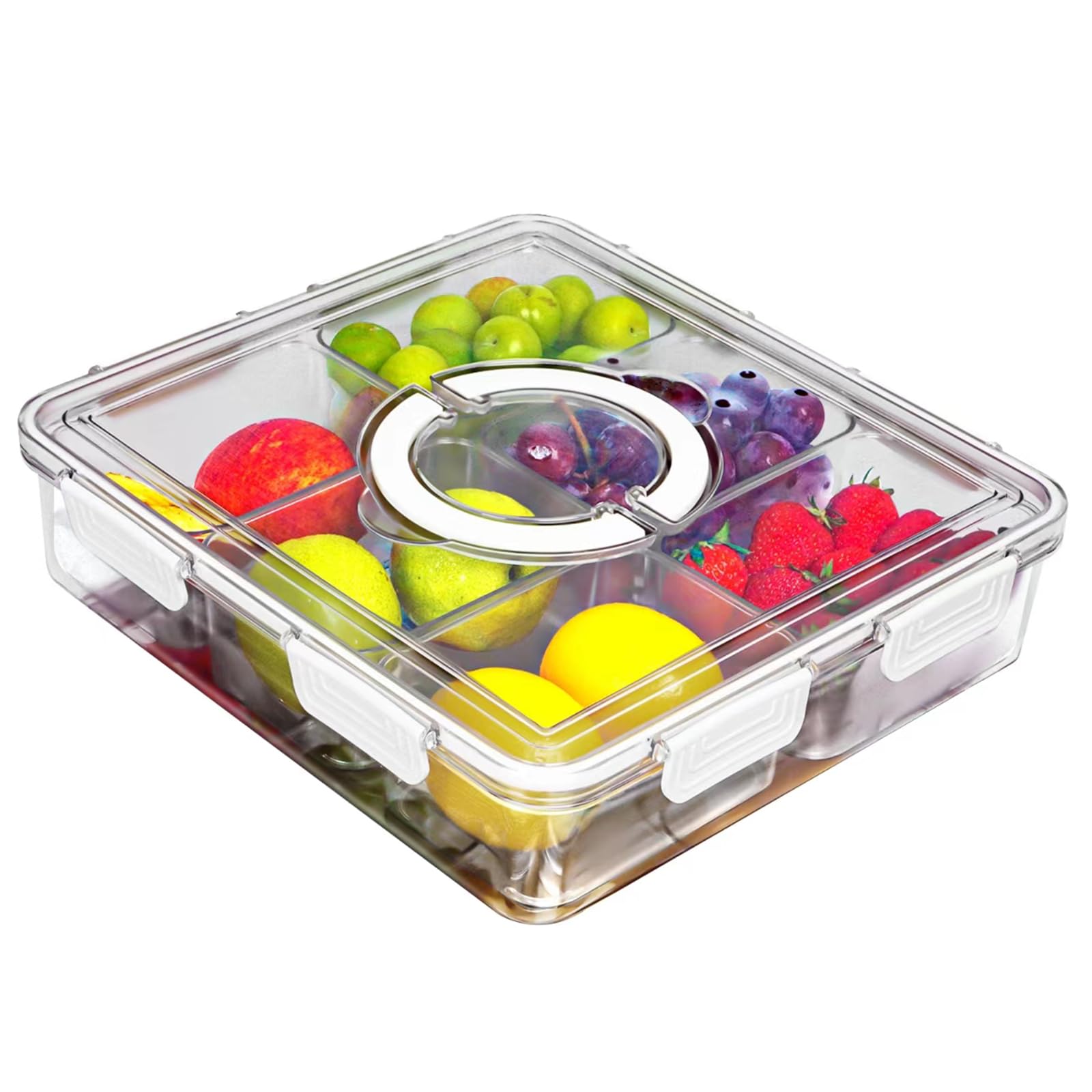 Portable Picnic Parties Fruit Tray, 4 Compartment Fridge Food Veggie Condiment Divided Serving Preservation Storage Containers (