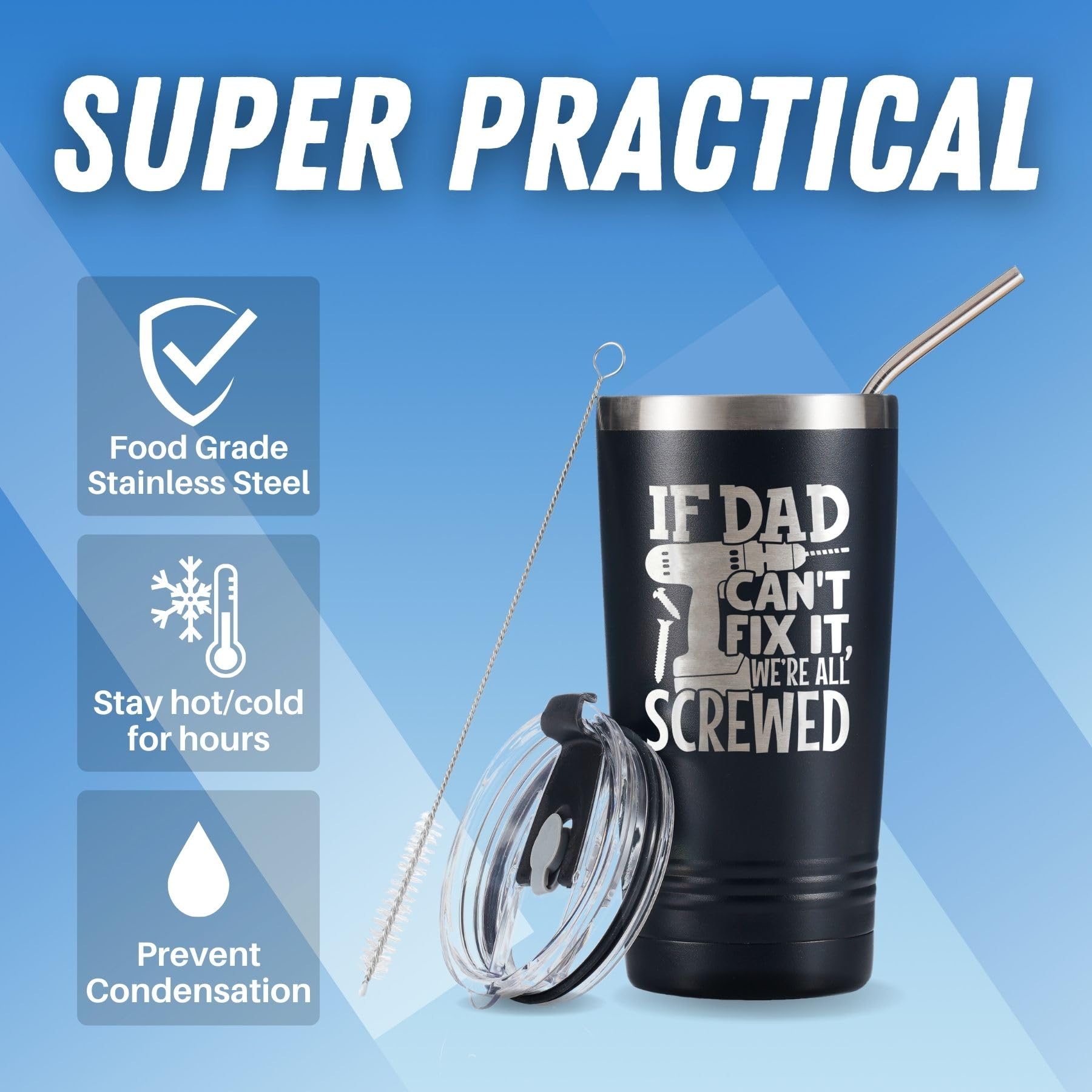Dad Gifts Travel Coffee Mug Tumbler 590ml/20oz  Father Birthday Gifts from Daughter/Son for Daddy on Father's Day  Christmas  Stainless Steel Insulated - If Dad Can't Fix it  We're All Screwed