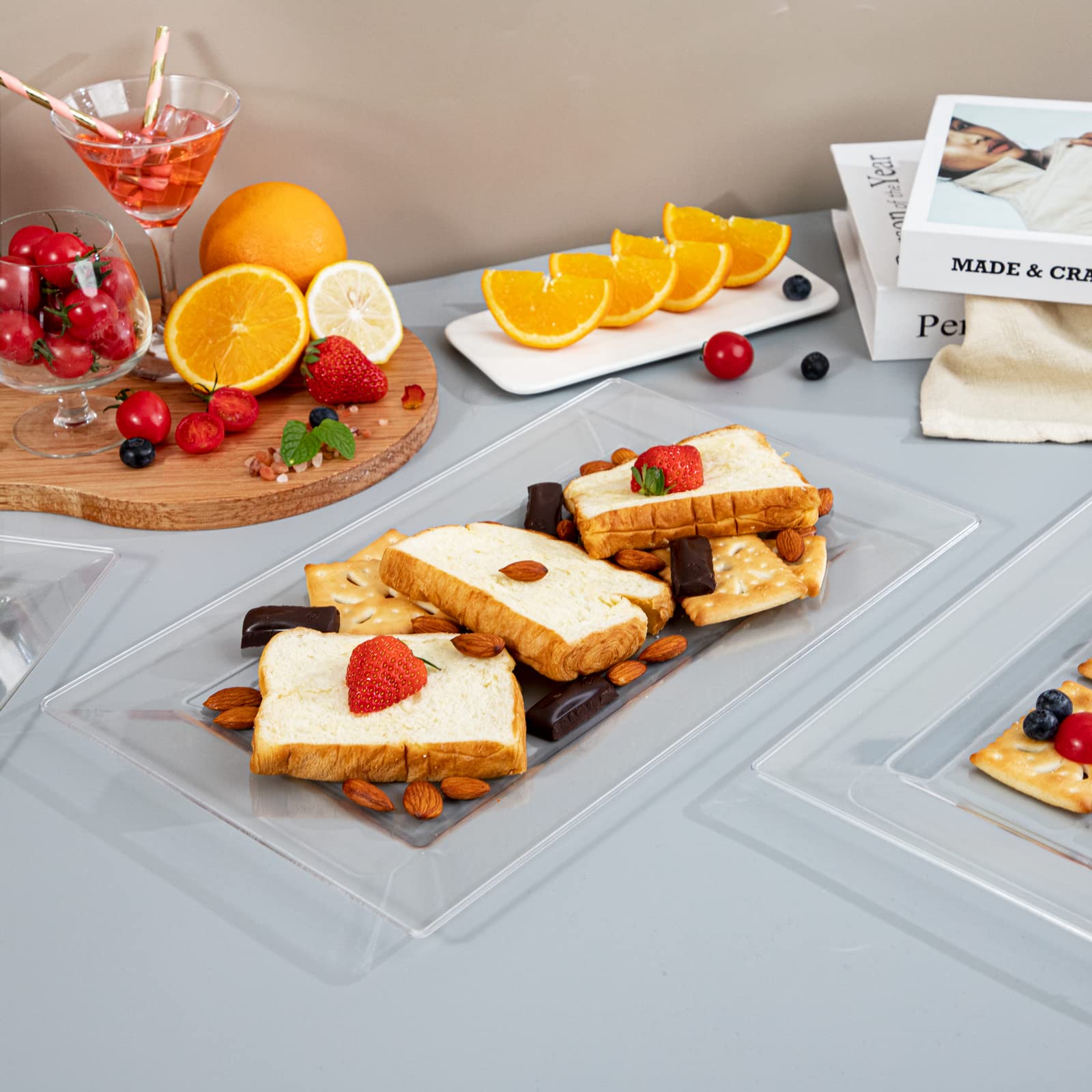 Dayammi 12 Pack Plastic Serving Trays, Heavy Duty Clear Plastic Serving Platters 13     8    Rectangle Disposable Serving Platte