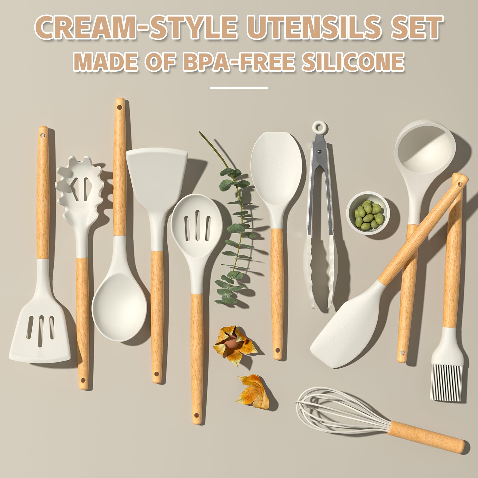 Umite Chef Kitchen Cooking Utensils Set, 33 Pcs Non-Stick Silicone Cooking Kitchen Utensils Spatula Set With Holder, Wooden Hand