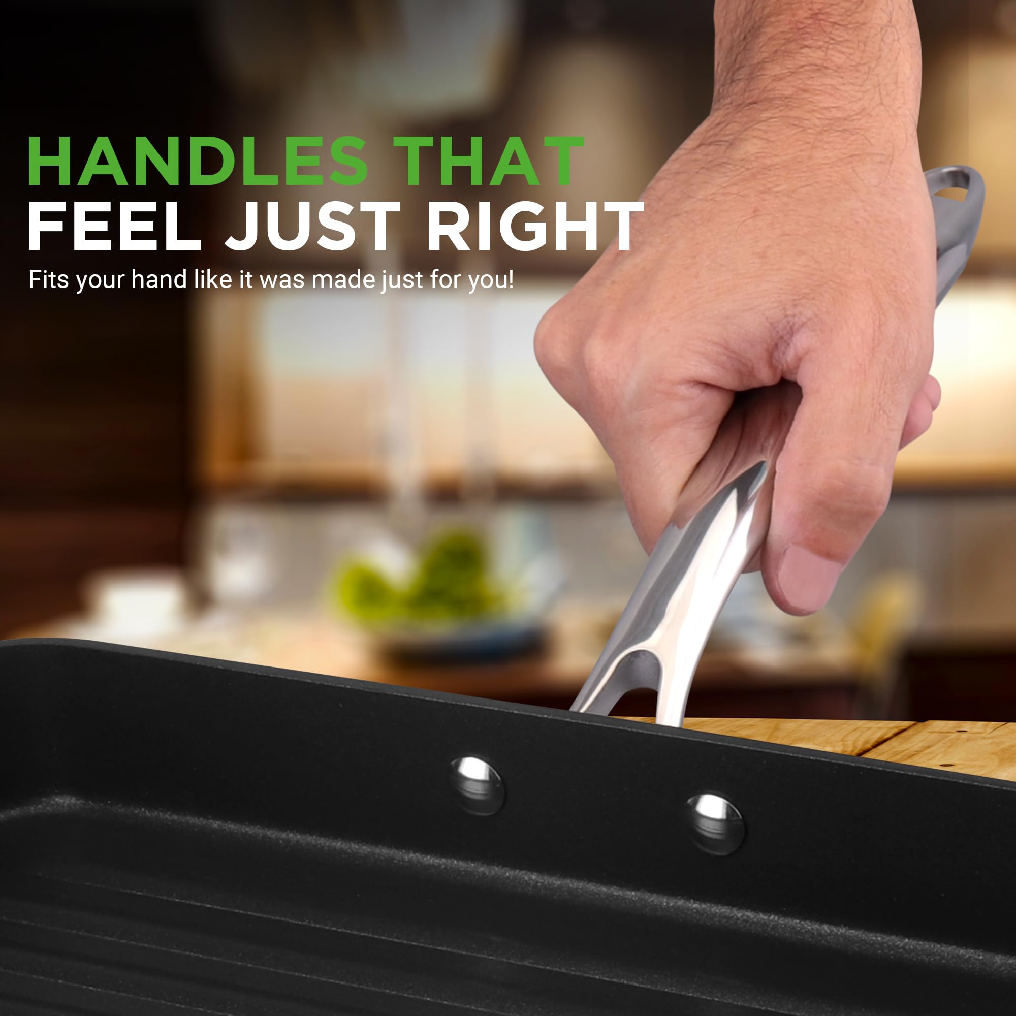 Nutrichef 11'' Square Grill Pan Non Stick - High Ridges, Hard-Anodized, Stove Top Griddle, Strong Handles, Dishwasher Safe