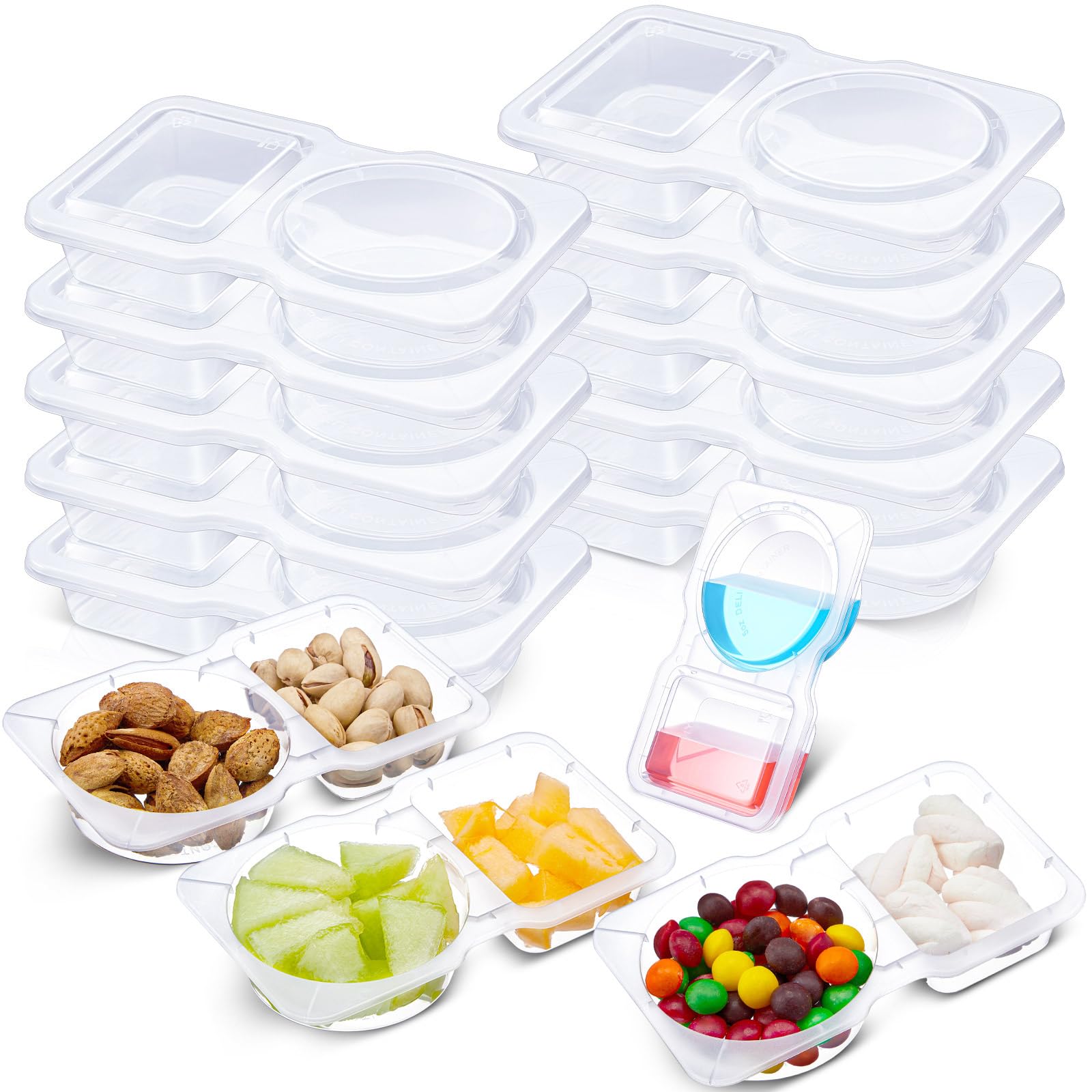 Blushtier 5 Pcs Pack Snack Containers with Lids, 5 oz Double Compartment Plastic Food Containers, Portable Divided Snack Cups fo