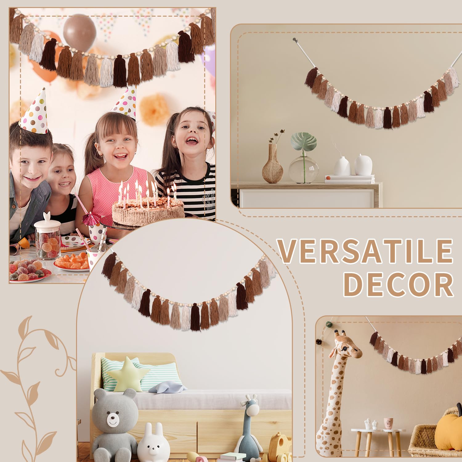 GIAUMA Brown Boho Yarn Tassel Garland Terracotta Rainbow Bunting Banner Western Neutral Wall Hanging Decor for Classroom Nursery