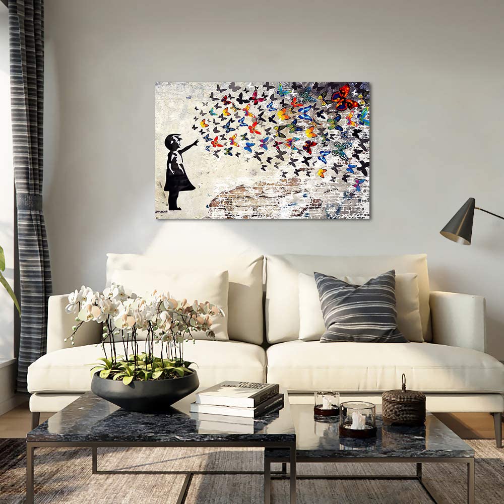 Colorful Graffiti Street Canvas Wall Art Funny Butterfly Banksy Street Art Mural Pop Art Modern Home Office Wall Decor Framed Ca