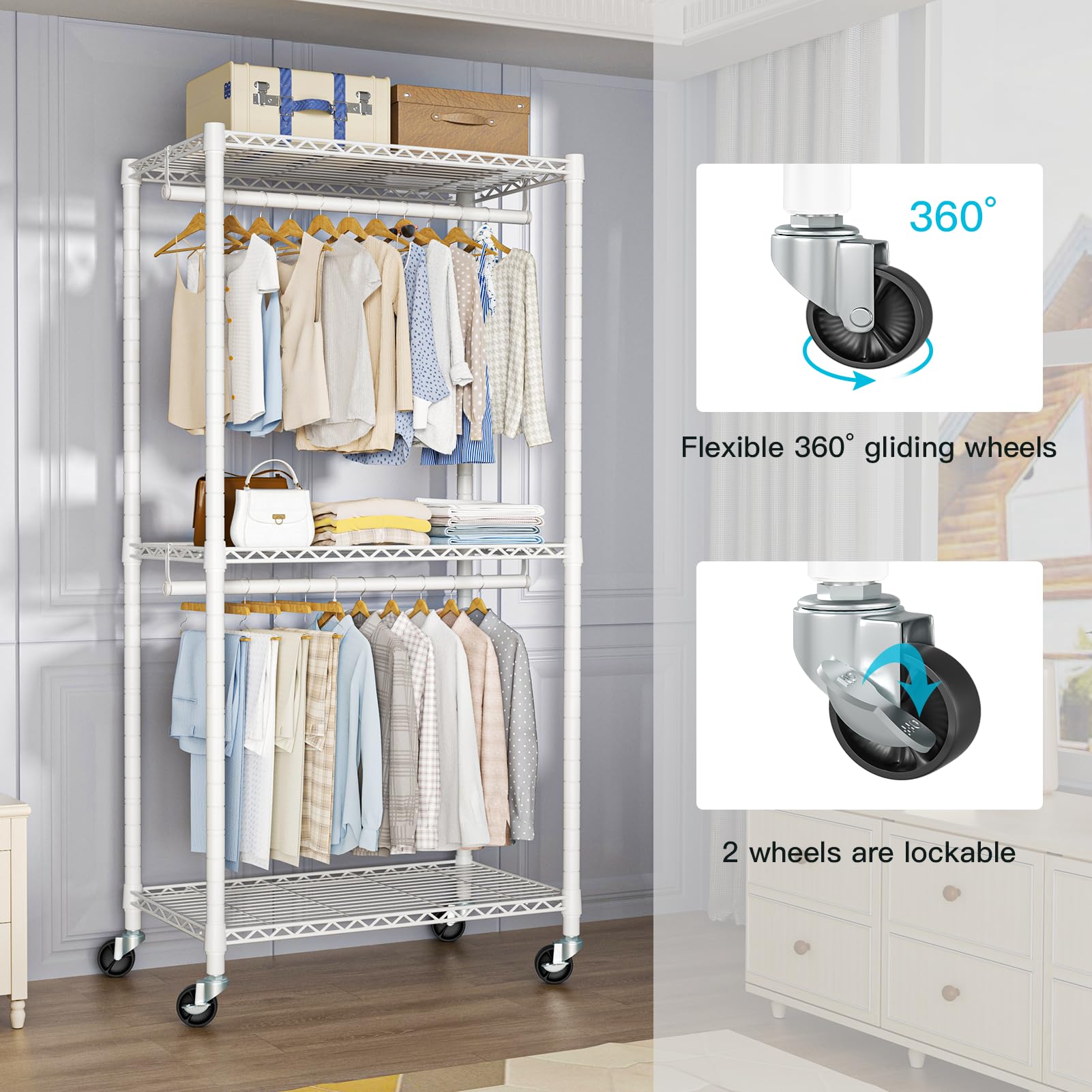 Futassi P1 Medium Heavy-Duty Portable Closet, 30'' W X 14'' D X 76'' H, Metal Rolling Clothing Rack, White