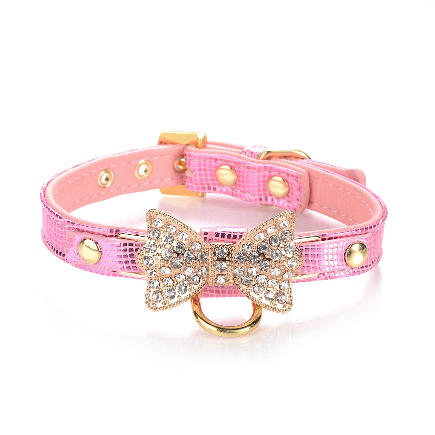 Lovpe Gold Bling Diamond Giltter Leather Fashion Collar With Ring For Tags For Small Dogs,Cat,Puppy And Kitty Walking Travel Par