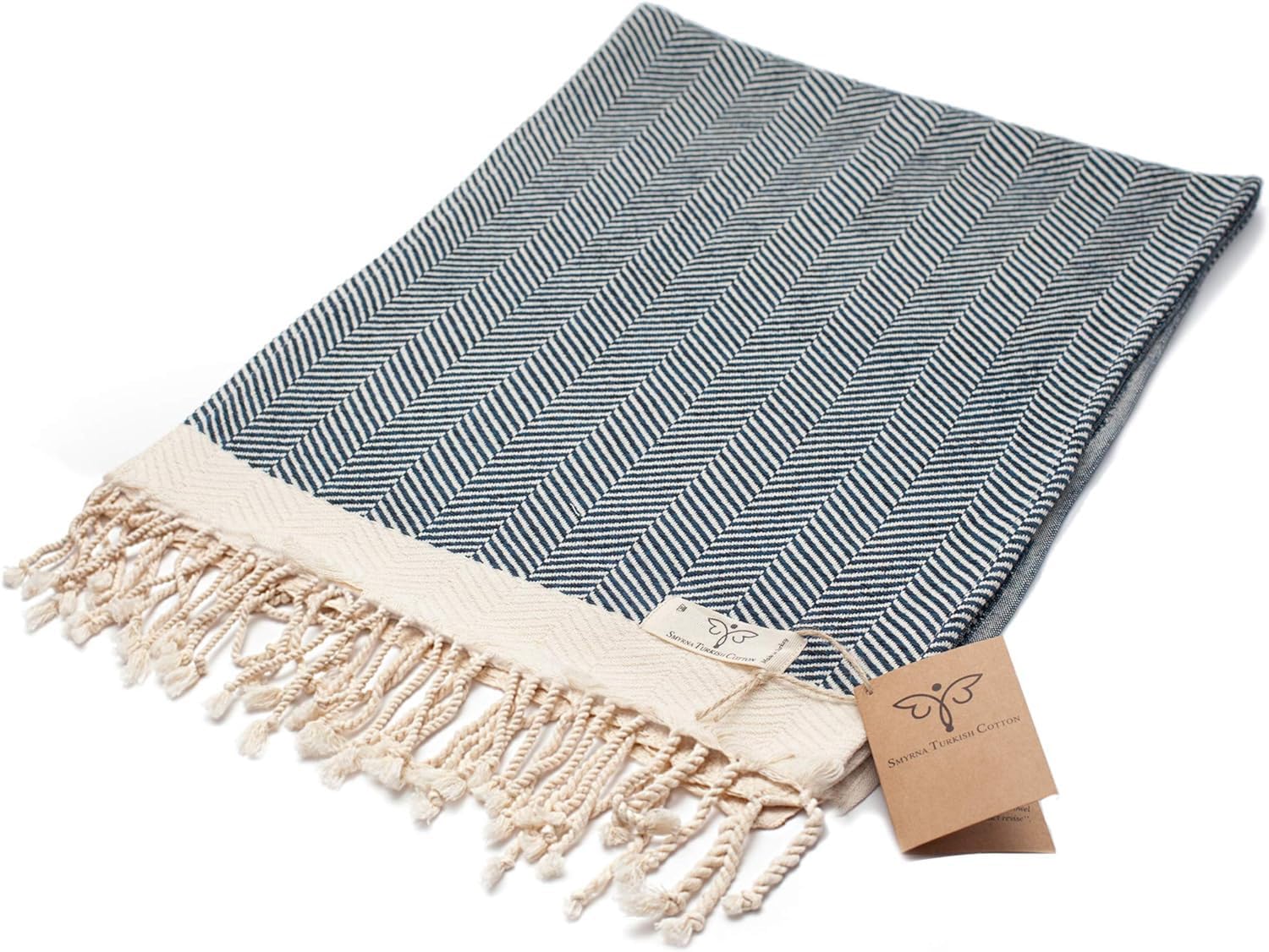 SMYRNA TURKISH COTTON Herringbone Series Hand Towels-Set of 2|16 x 40 in|100% Turkish Cotton|Large  Soft Hand and Head Towels for Bathroom  Kitchen|Don 't Shrink|Premium Luxury - Navy