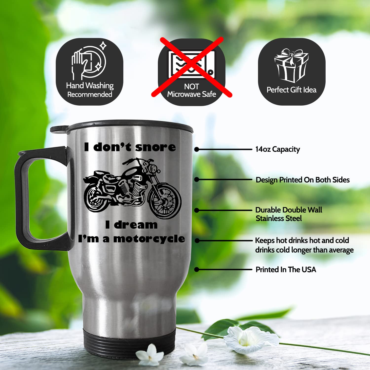 I Don'T Snore I Dream I'M A Motorcycle Novelty Stainless Steel 14 Oz Coffee Travel Mug, Motorbike Enthusiast Cup Biker Dad Grand