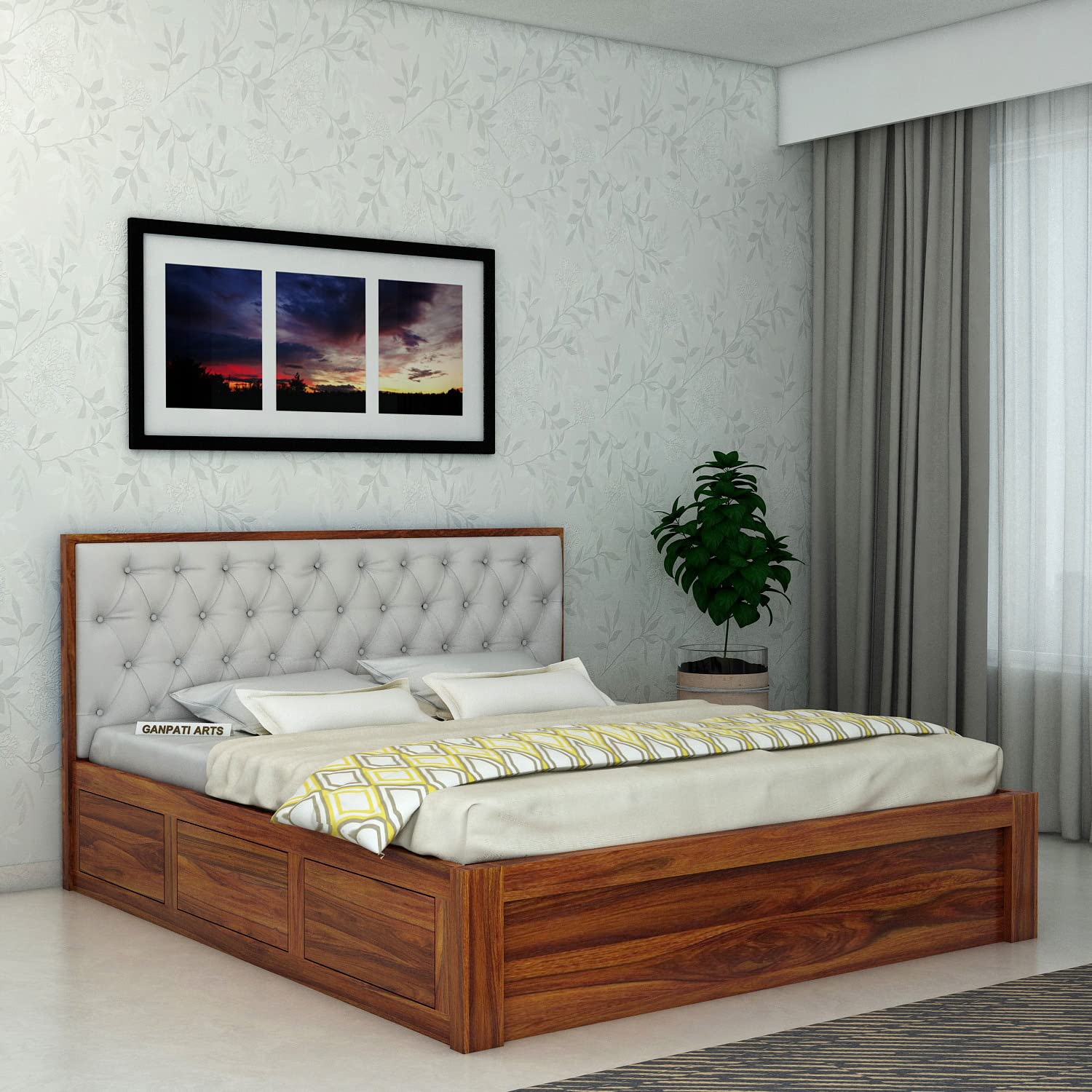 Ganpati Arts Sheesham Wood Decan King Size Bed With Box Storage For Bedroom Wooden Double Bed Palang For Home (Natural Finish)