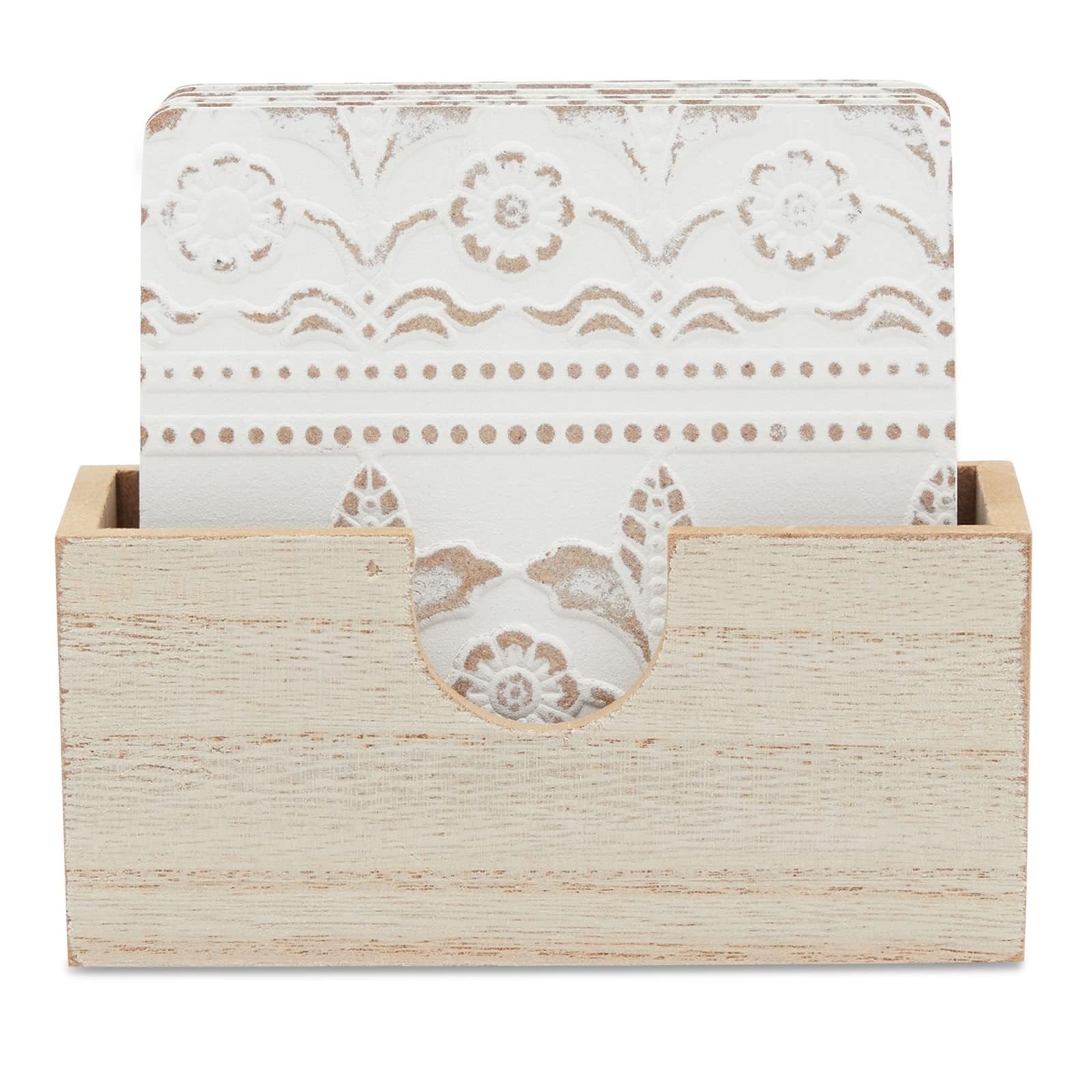 Set of 6 White Wooden Coasters with Holder for Drinks  Coffee Table  and Floral Farmhouse Decor (3.8 Inches)