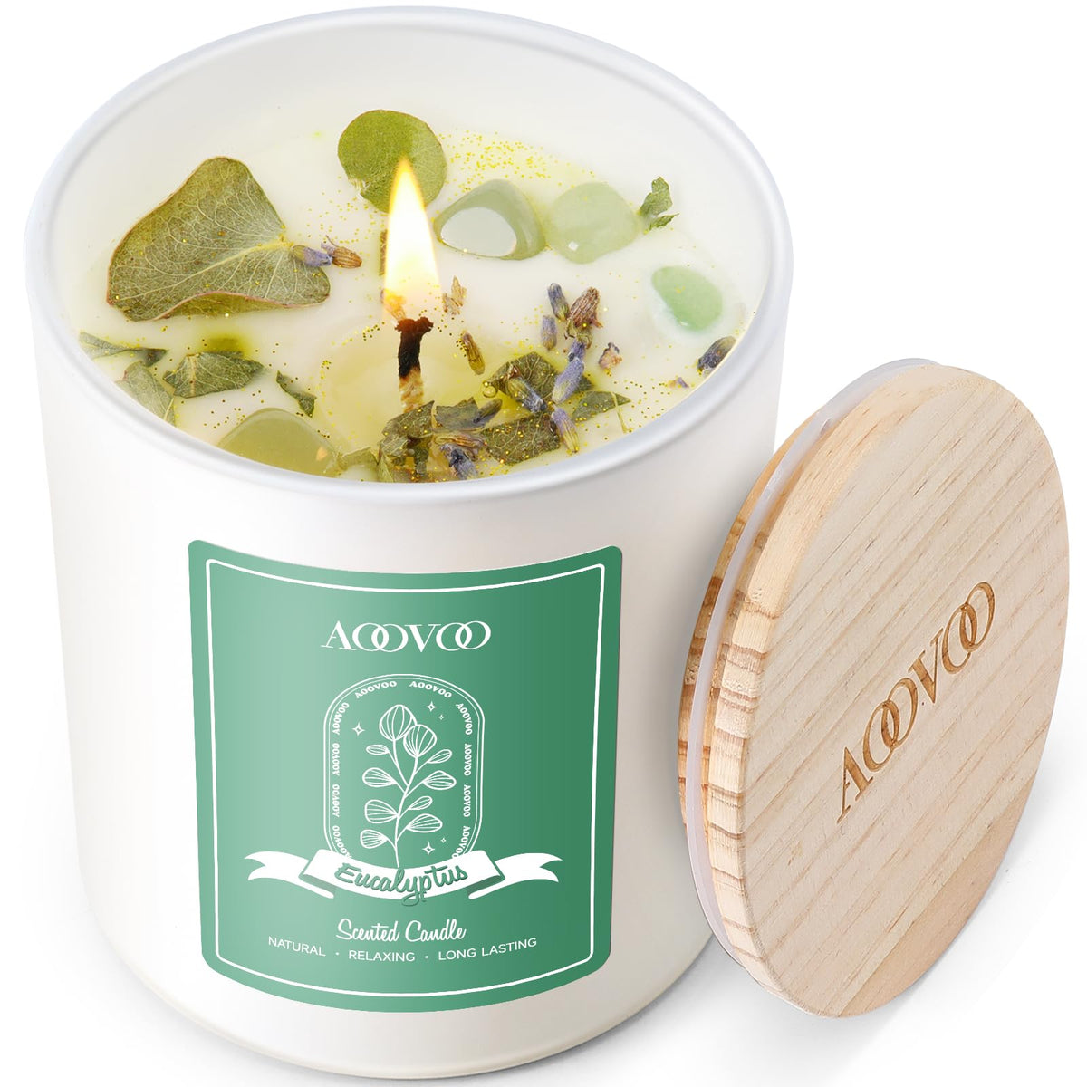AOOVOO Eucalyptus Scented Candles for Women - Aromatherapy Candle with Crystals Inside, 10oz Soy Candles for Home Scented, Valen