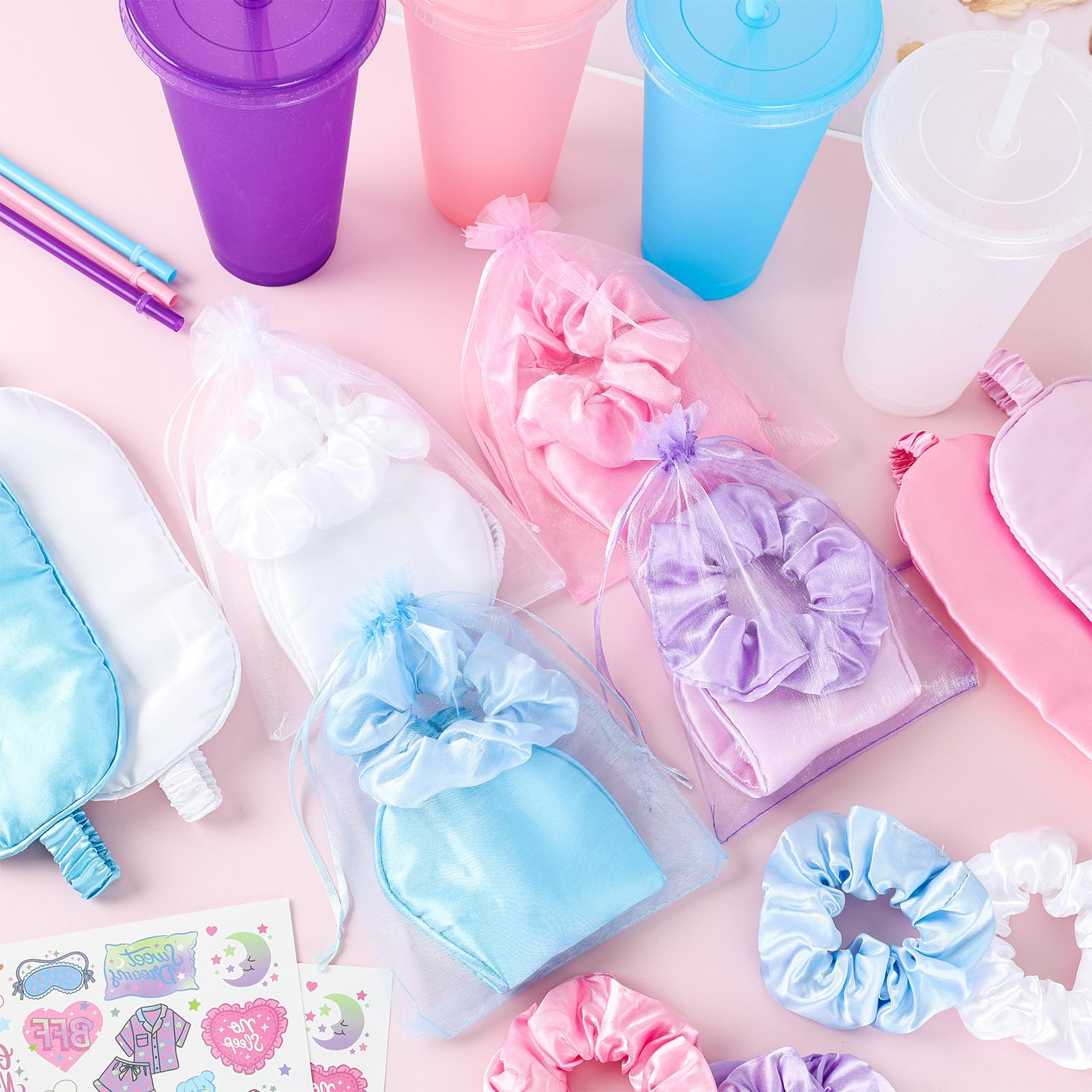 YLOLUL 36 Pcs Spa Sleepover Party Supplies for Girls Makeup Party Favor with 8 Eye Masks 8 Plastic Cups 8 Stickers 8 Hair Ropes