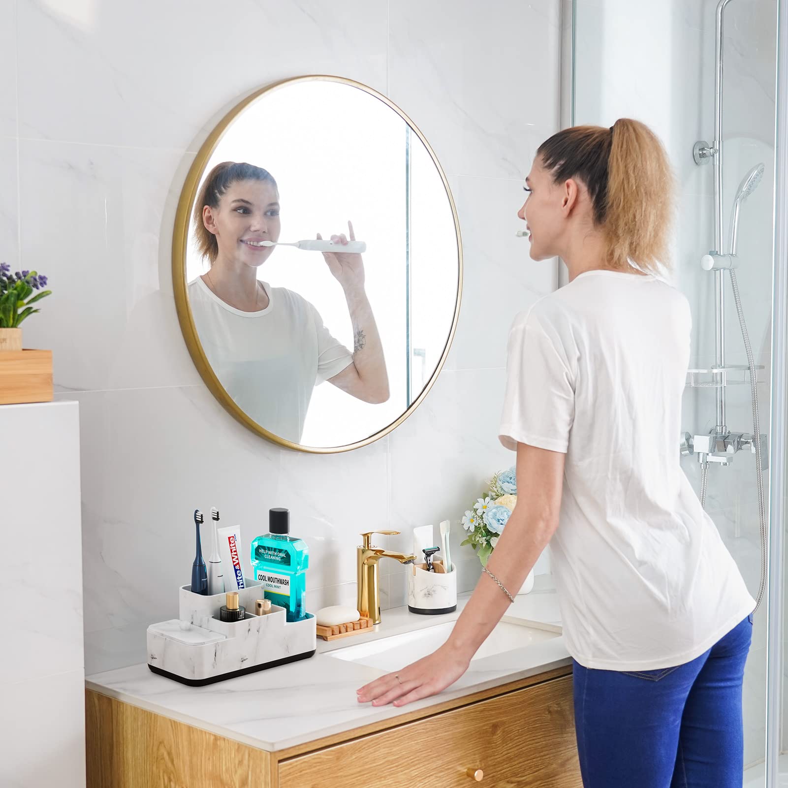 Vitviti Bathroom Counter Organizer, Toothbrush Holder For Bathroom, Resin Bathroom Organizer Countertop Storage For Cotton Ball/