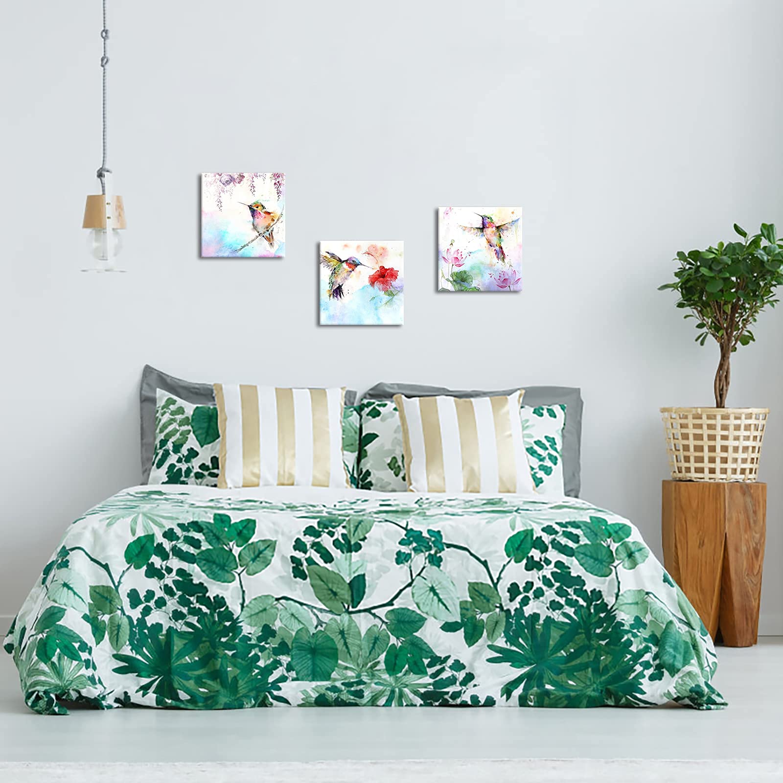 Canvbay 3Pcs Bird Canvas Wall Art Animal Picture Artwork Hummingbirds And Red Purple Flower Canvas Print Abstract Painting Vinta