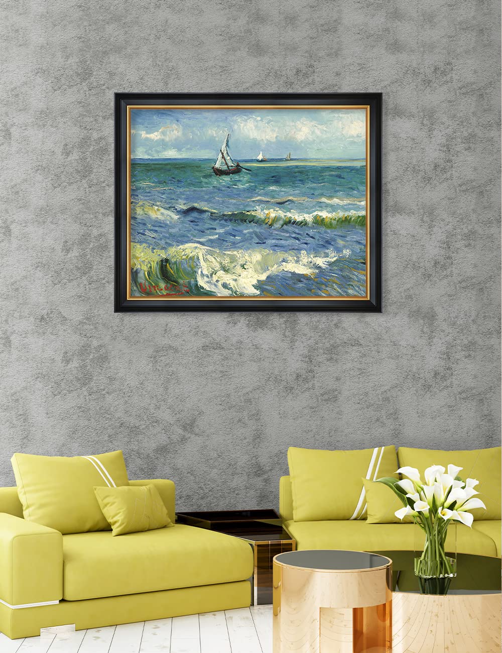 Decorarts - The Sea At Les Saintes-Maries-De-La-Mer By Vincent Van Gogh. Giclee Print Art Reproduction With Matching Solid Wood