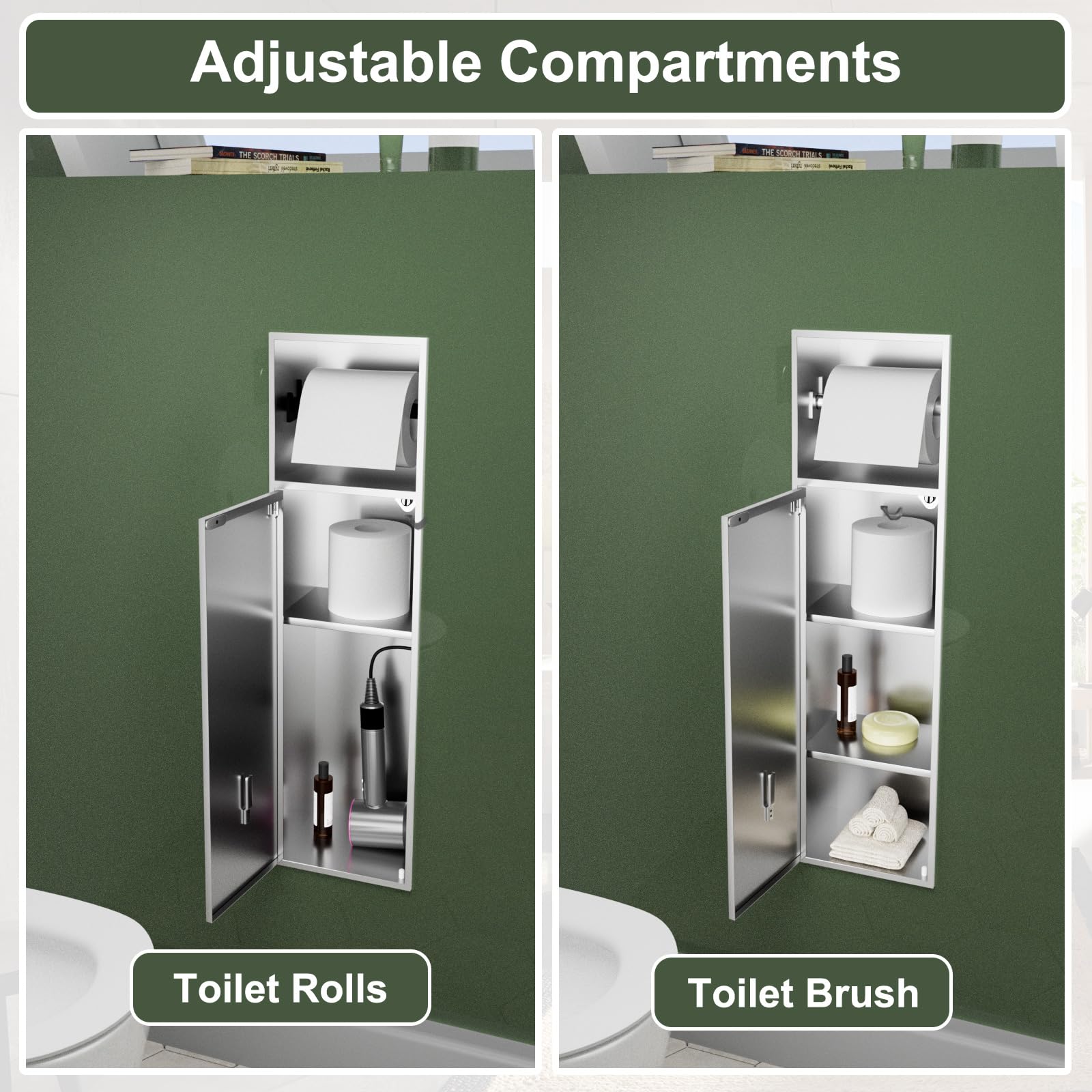 Baronage Recessed Toilet Paper Holder With 3 Storage, Over-Mounted Toilets Roll Holders 24 Inch, Stainless Steel Toilet Tissue H