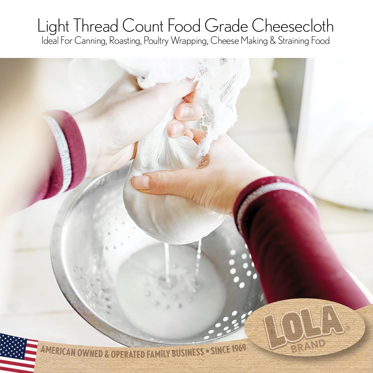 Lola Products Cheese Cloth, 162 Sq. Feet, 100% Cotton, Lint Free, For Poultry Wrapping, Cooking, Straining & Cheese, 6 Packs At