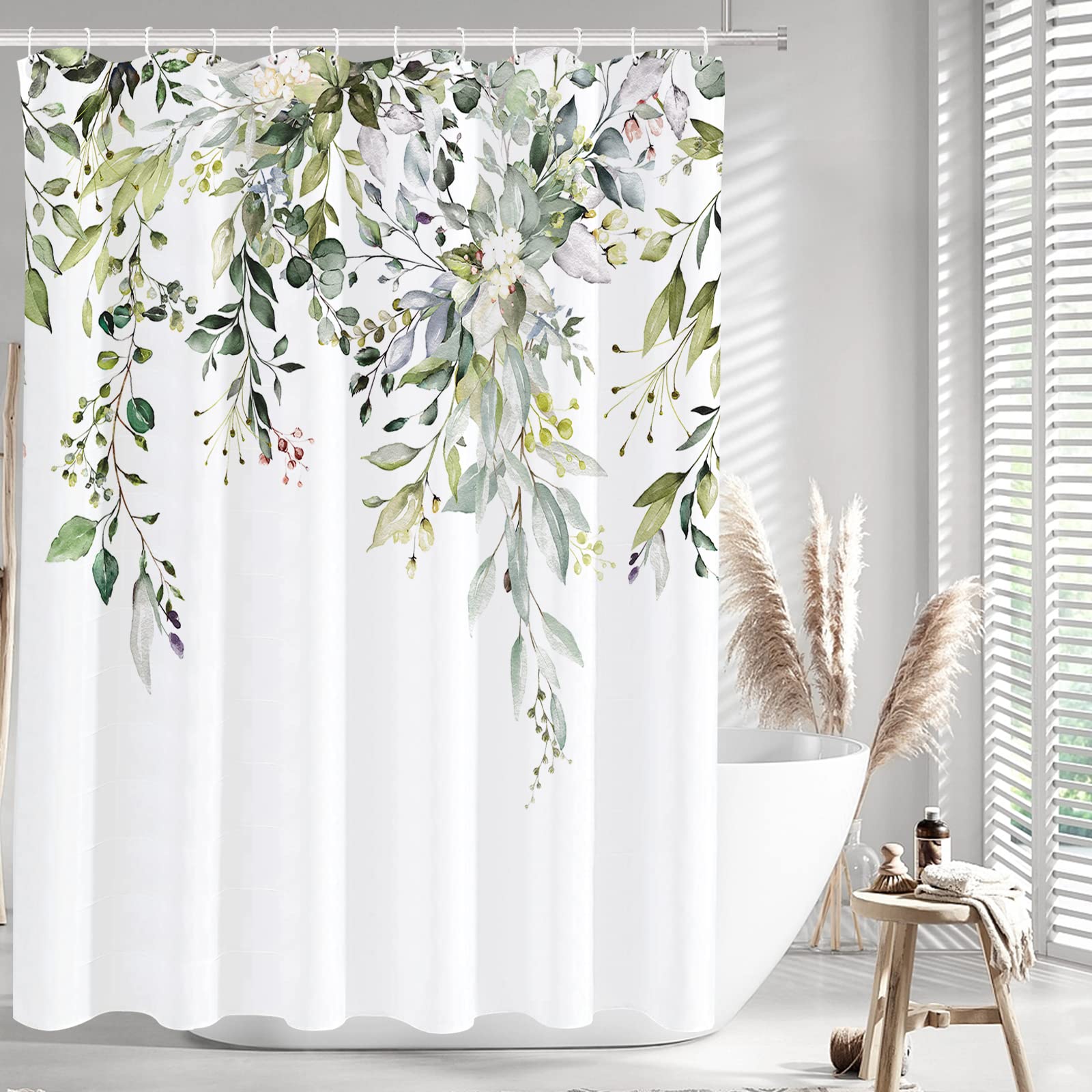 Tititex Sage Green Eucalyptus Shower Curtain, Watercolor Leaves On The Top Plant With Floral Bathroom Decoration Shower Curtain
