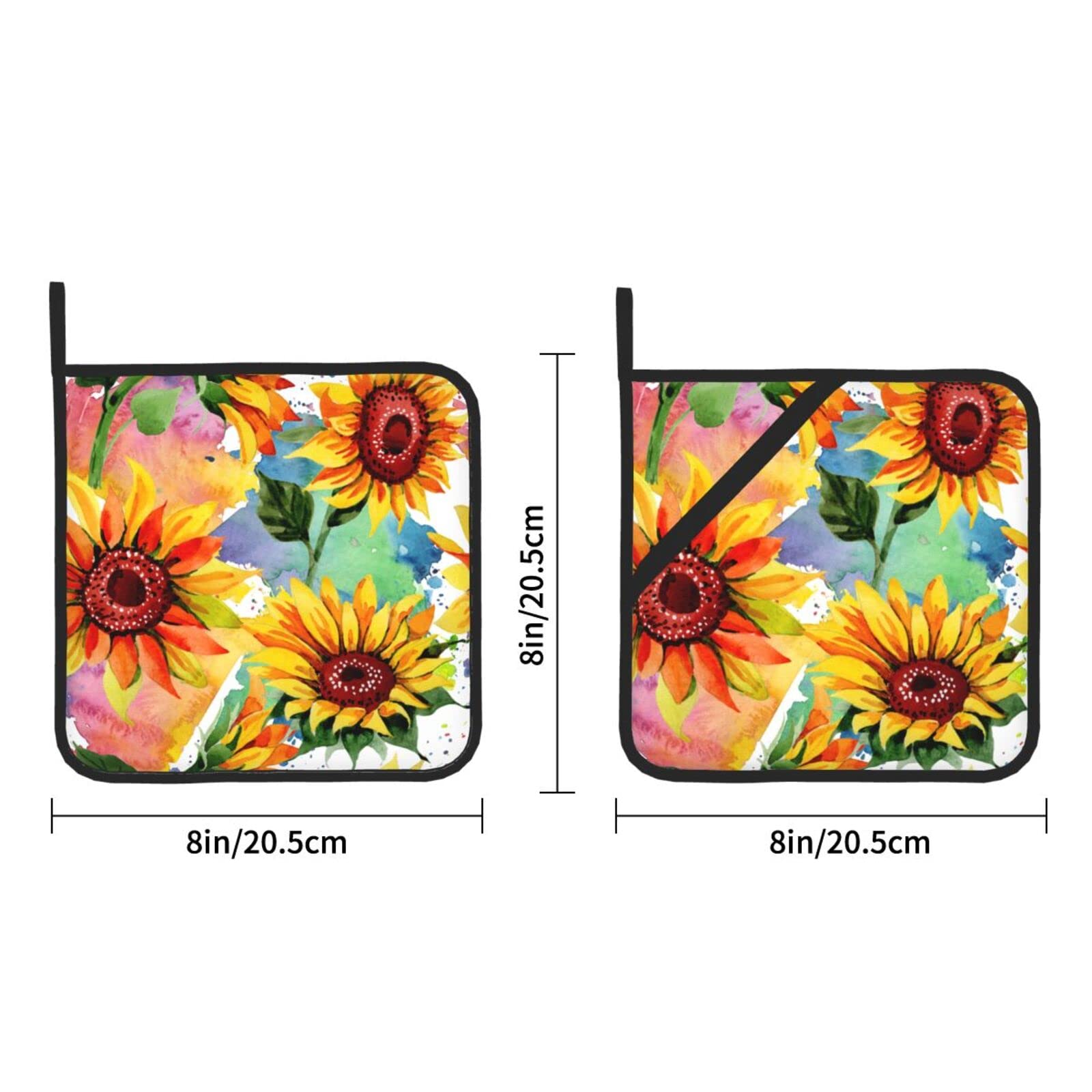 Colorful Sunflower Pot Holders Set Of 2 Heat Resistant & Non Slip Potholders, Watercolor Art Style Fire Oven Hot Pads For Kitche