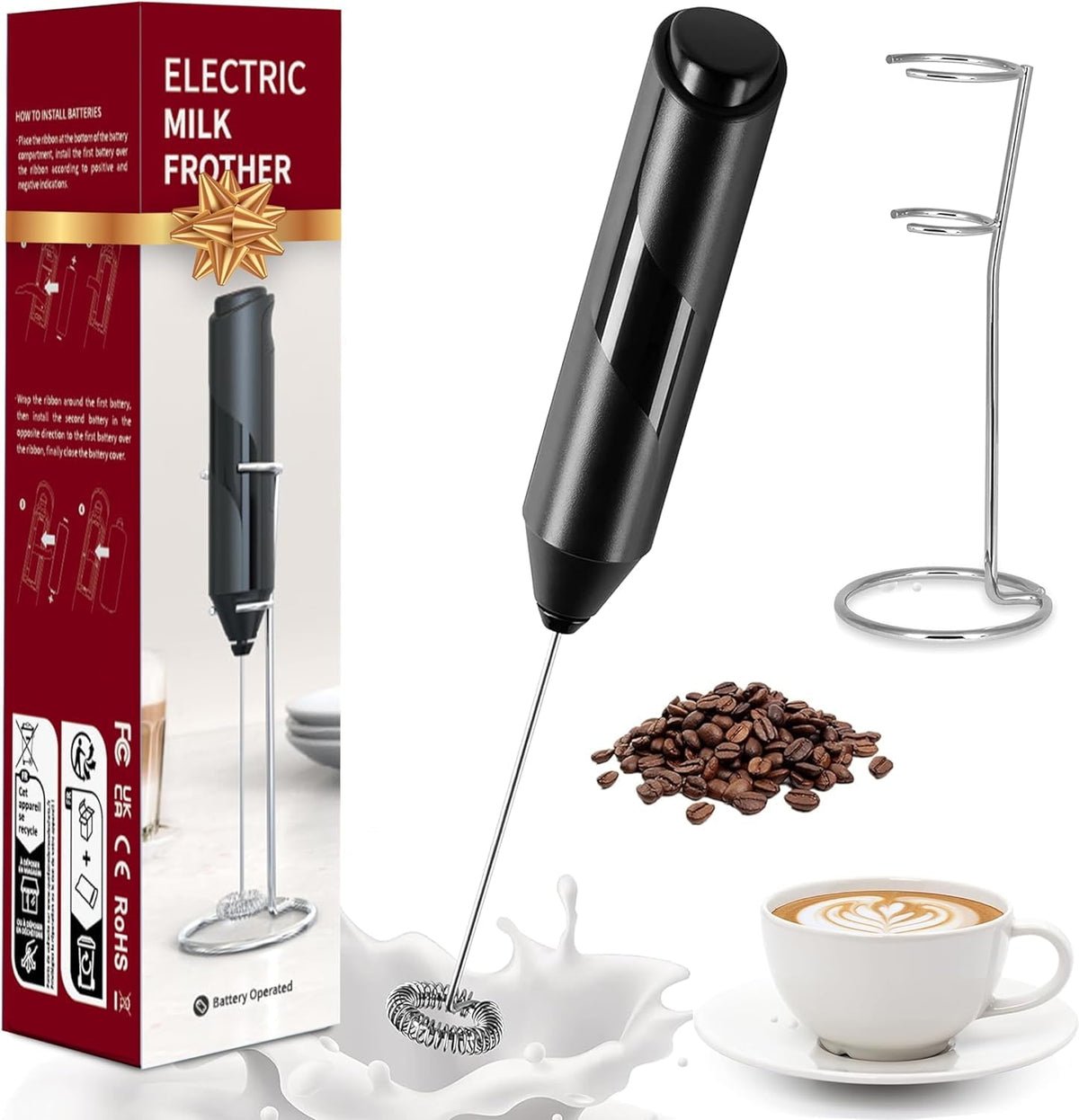 Simple Deluxe Milk Frother Handheld With Stainless Steel Stand Battery Operated Whisk Drink Mixer For Coffee, Frappe, Latte, Mat