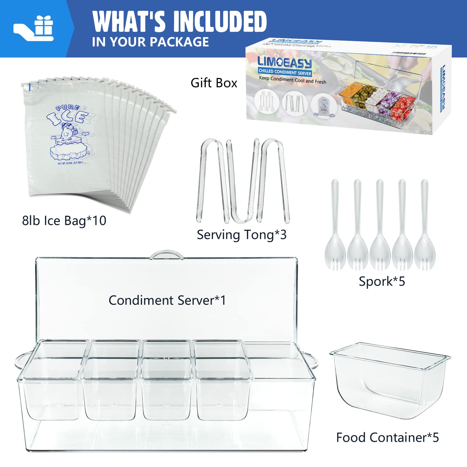Limoeasy Chilled Condiment Server, Clear Garnish Tray With Lid For Bar For Parties With 5 Removable Compartments, Ice Serving Bo