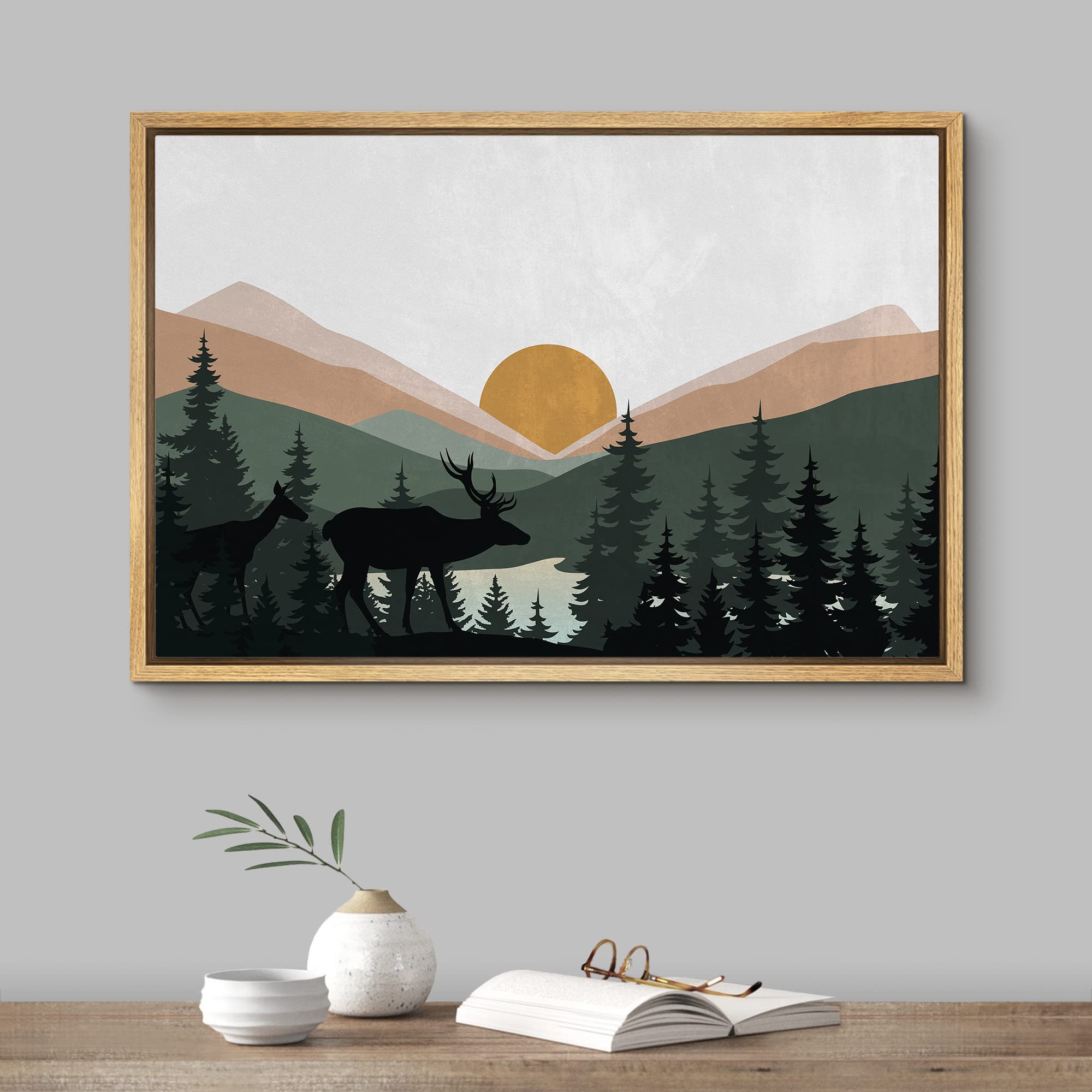Signford Framed Canvas Print Wall Art Woodland Nursery Decor Sunlight Mountain Pine Forest Lake Nature Wilderness Art Decorative