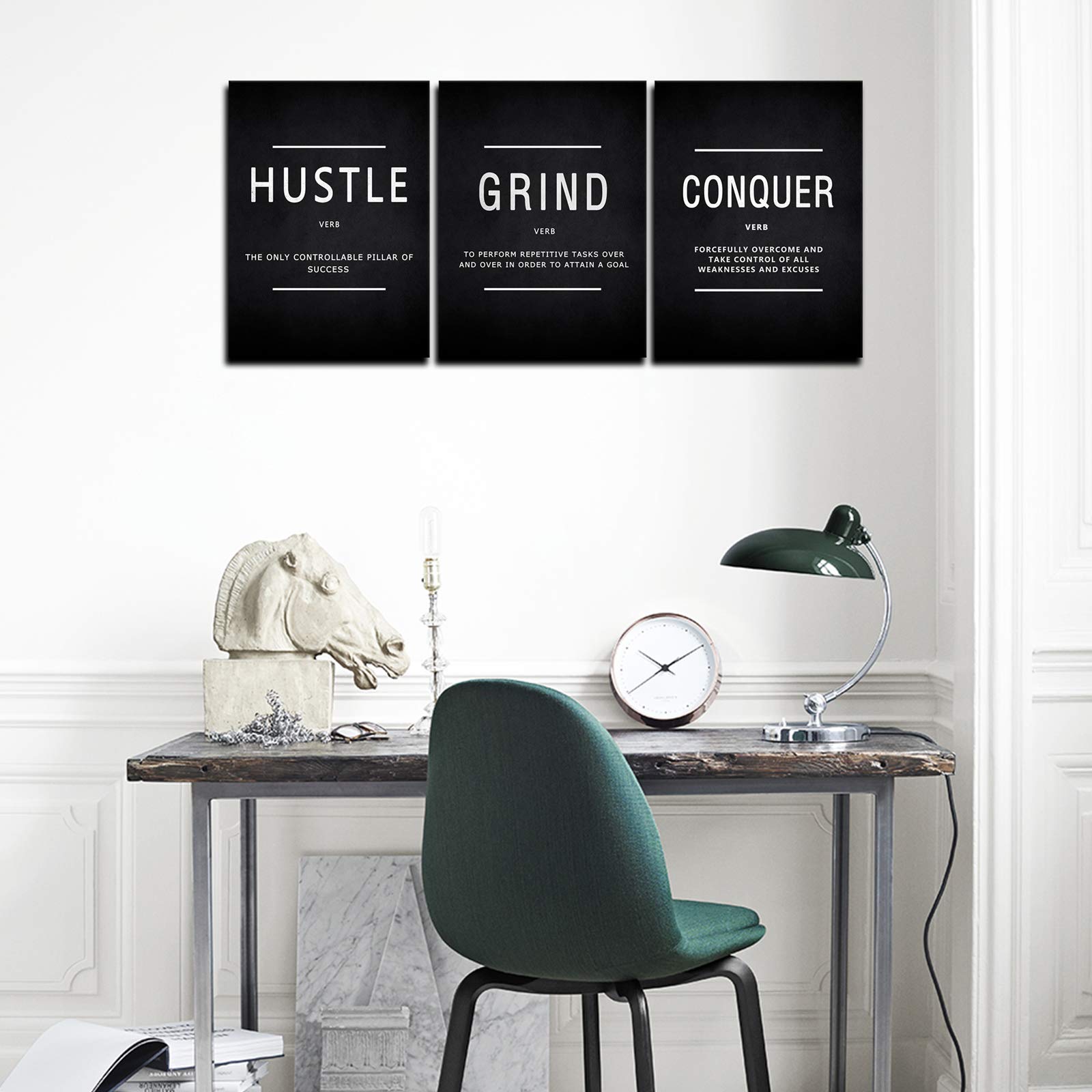 Kawahone Success Quotes Wall Art, Grind Hustle Conquer Motivation Wall Poster Framed Positive Sayings Wall Hanging Inspirational