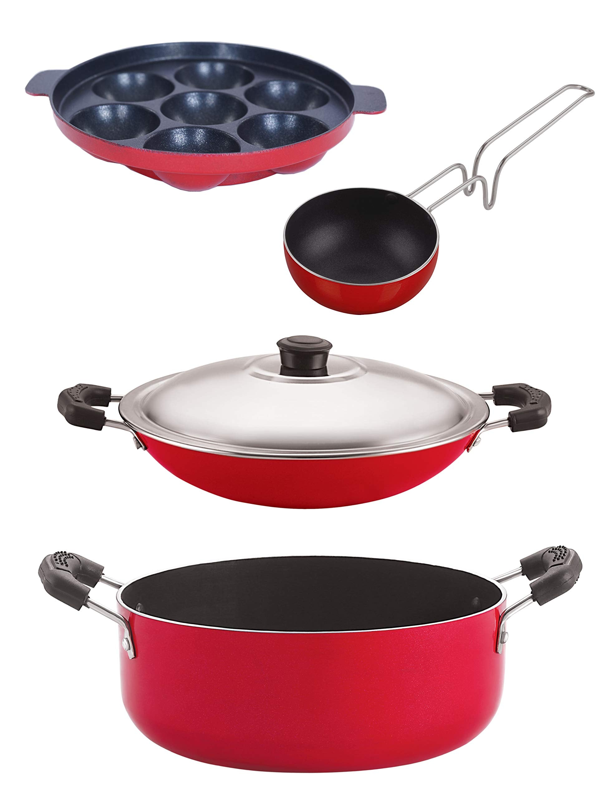Nirlon NonStick Appachatti Vagariya Appam Casserole Aluminium Cookware Set, 5Pieces, Red/Black(Ac_Vg_Ap7_Cs24)