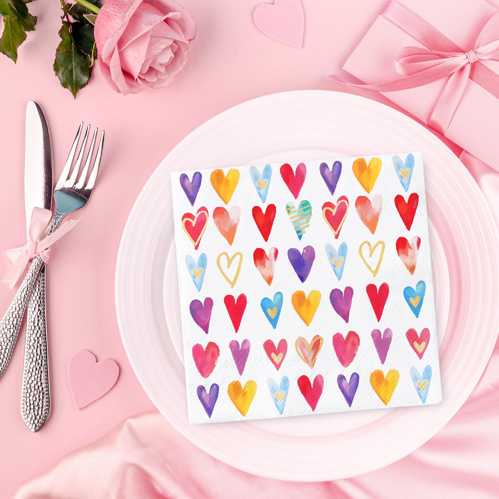 Anydesign 100Pcs Valentine'S Day Paper Napkins Colorful Hearts Disposable Luncheon Napkins Love Hearts Dessert Dinner Hand Napki