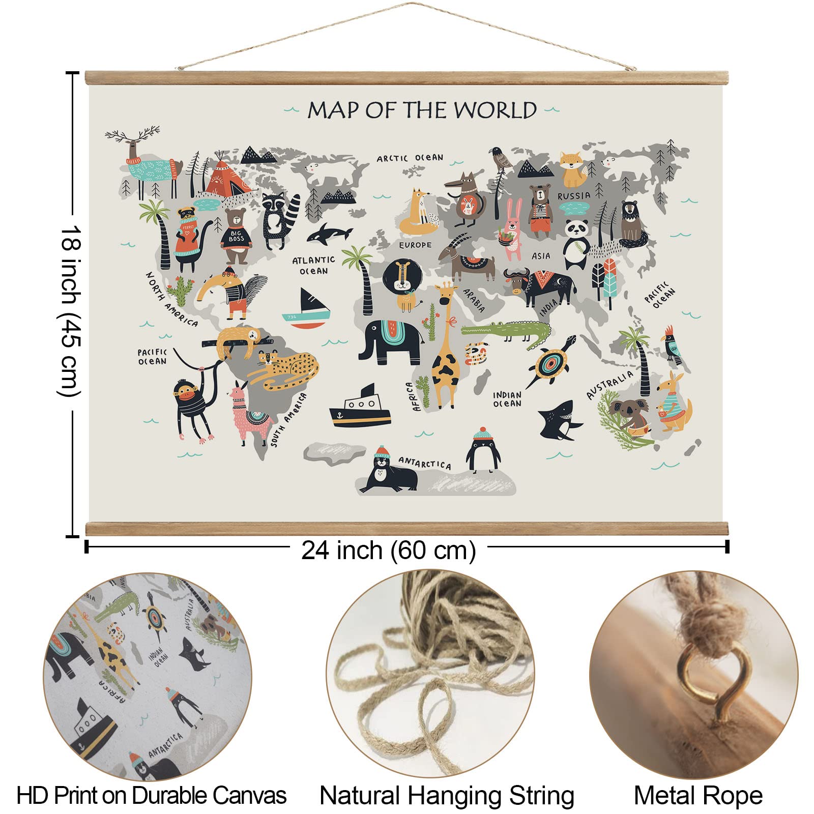 Animal World Map Hanging Canvas Wall Art , World Maps For Kids Wall, Baby Room World Map, Animals Of The World Poster For Childr