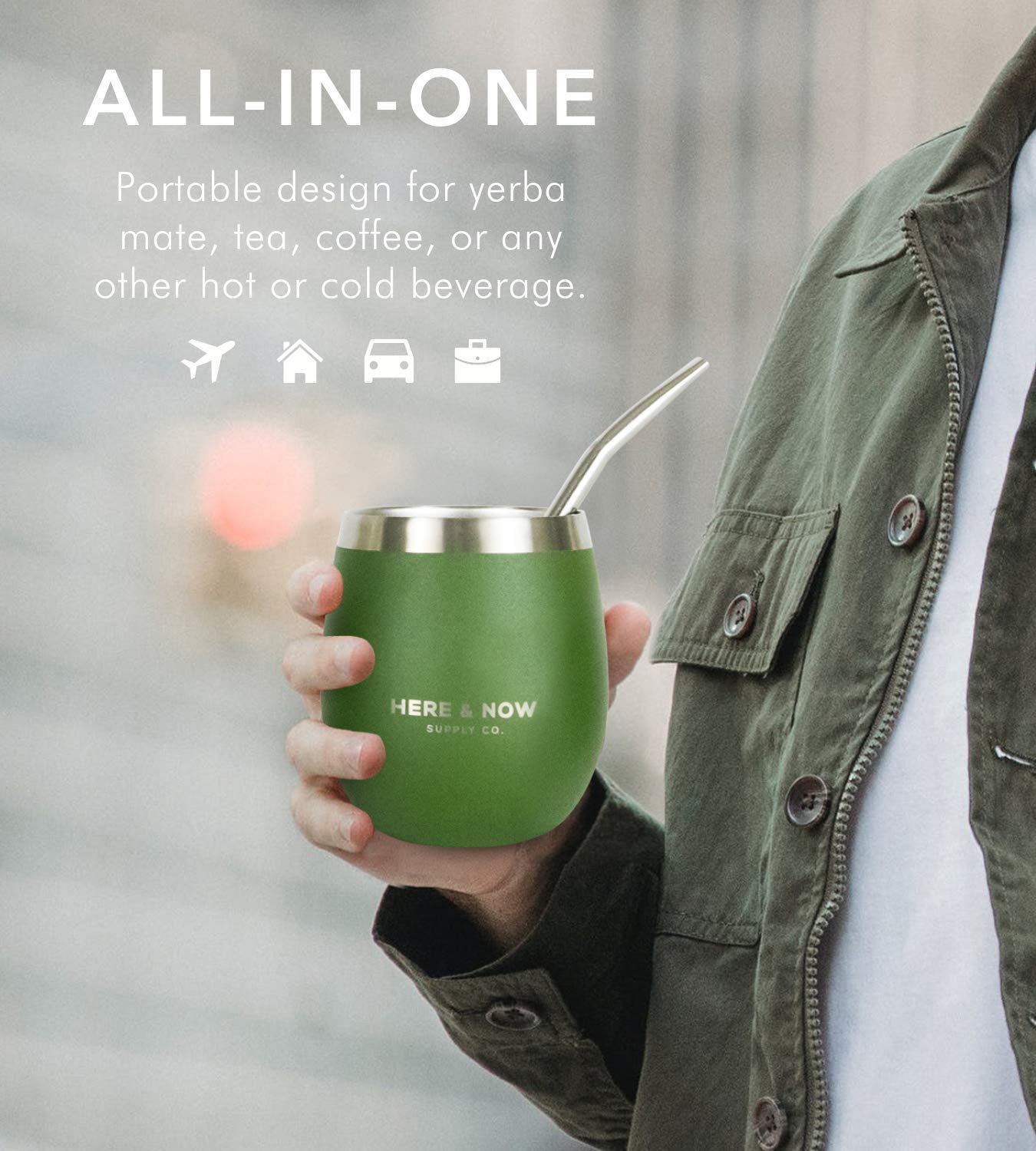 Here & Now Yerba Mate Cup And Bombilla Set | 2 Mate Gourds, Spill Resistant Lids, & Mate Straws | Bombilla Brush & Pouch Include