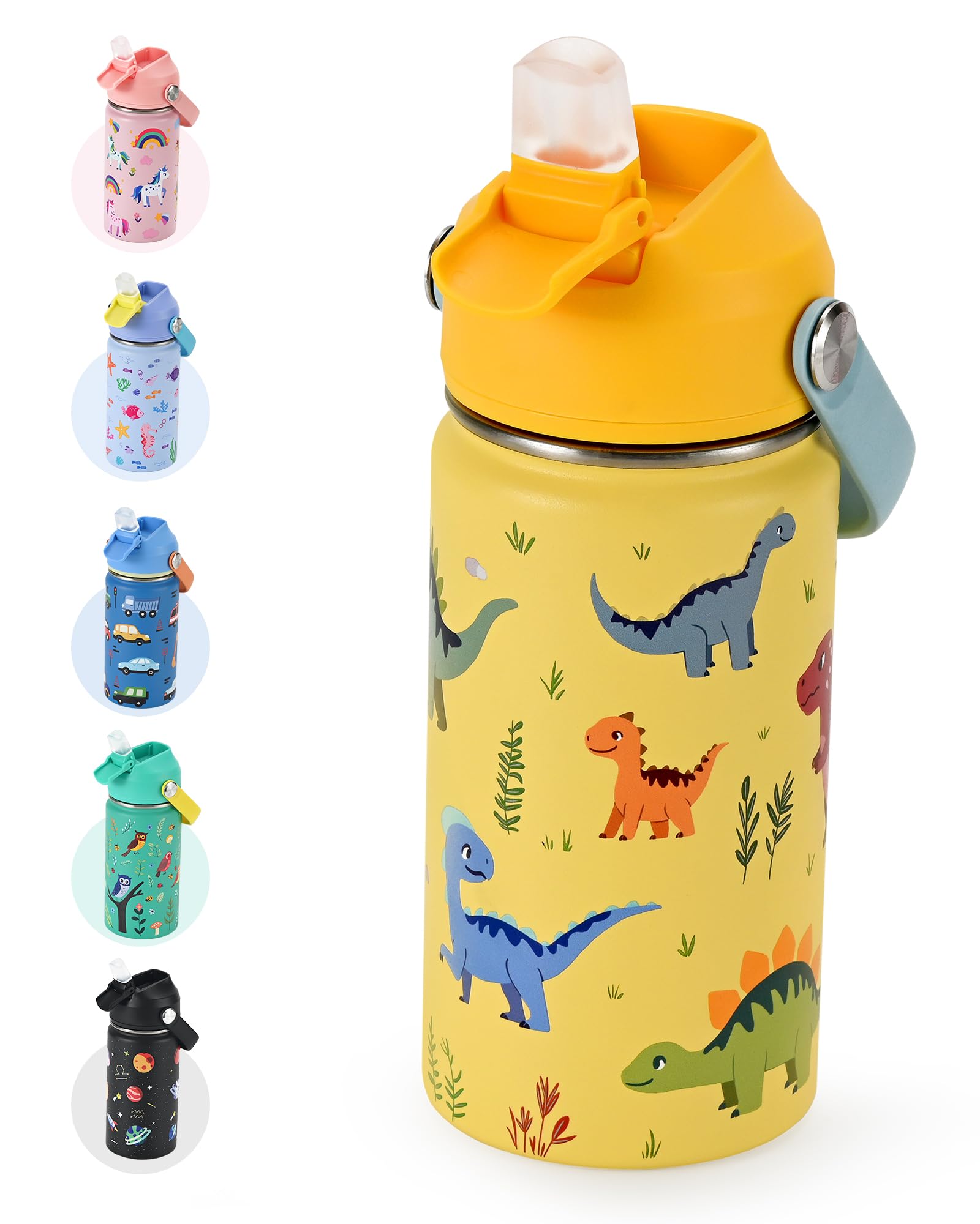 Kids Water Bottle 14oz with Silicone Straw Lid - Insulated Toddler Water Bottle Stainless Steel Keeps Cold 24H, Leak Proof & Din