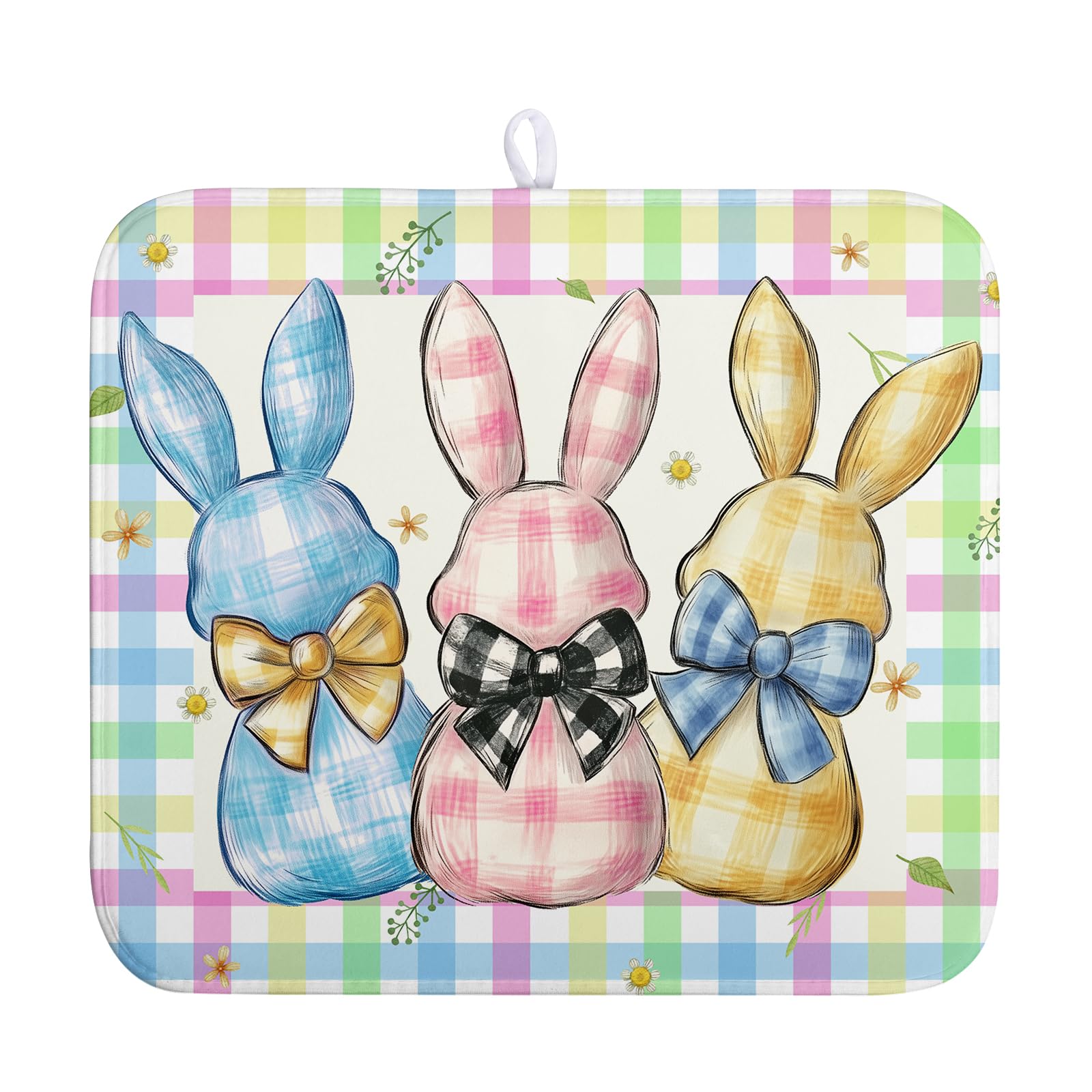 Wnoesat Easter Drying Mat for Kitchen Counter - 16x18 In, Multi-color (Buffalo Plaid), Microfiber & Composite Sponge, Cute Bunny
