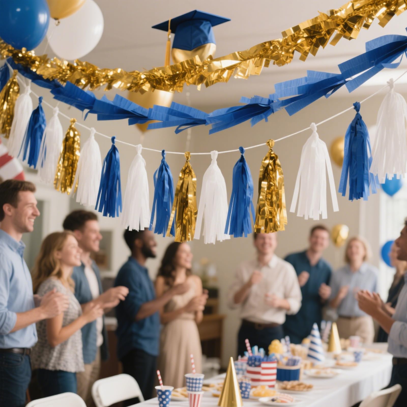 We Moment Navy Blue Gold White Tassel Garland Banner Paper Tassels for Boys Girls Birthday Graduation Decorations,Pack of 15
