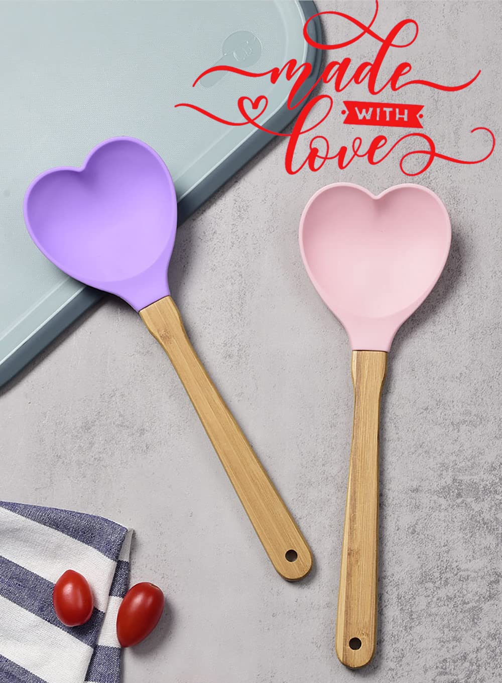 Heart Shaped Silicon Wood Spoon Cooking, Serving, Stirring, Mixing Kitchen Utensil,Meaningful Kitchen Gift Idea, Made With Love,