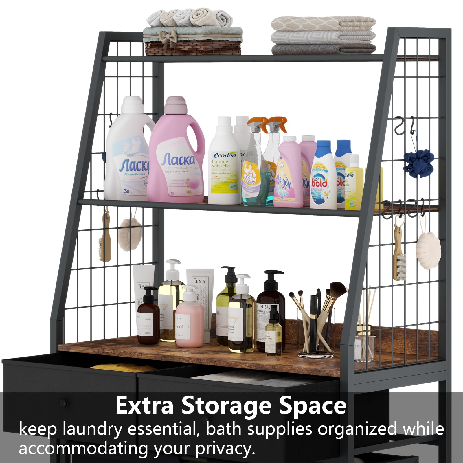 Stikely Laundry Hamper Laundry Basket With 3 Section Pull-Out Rolling Bags & 2-Tier Storage Shelf, Laundry Sorter For Organizati