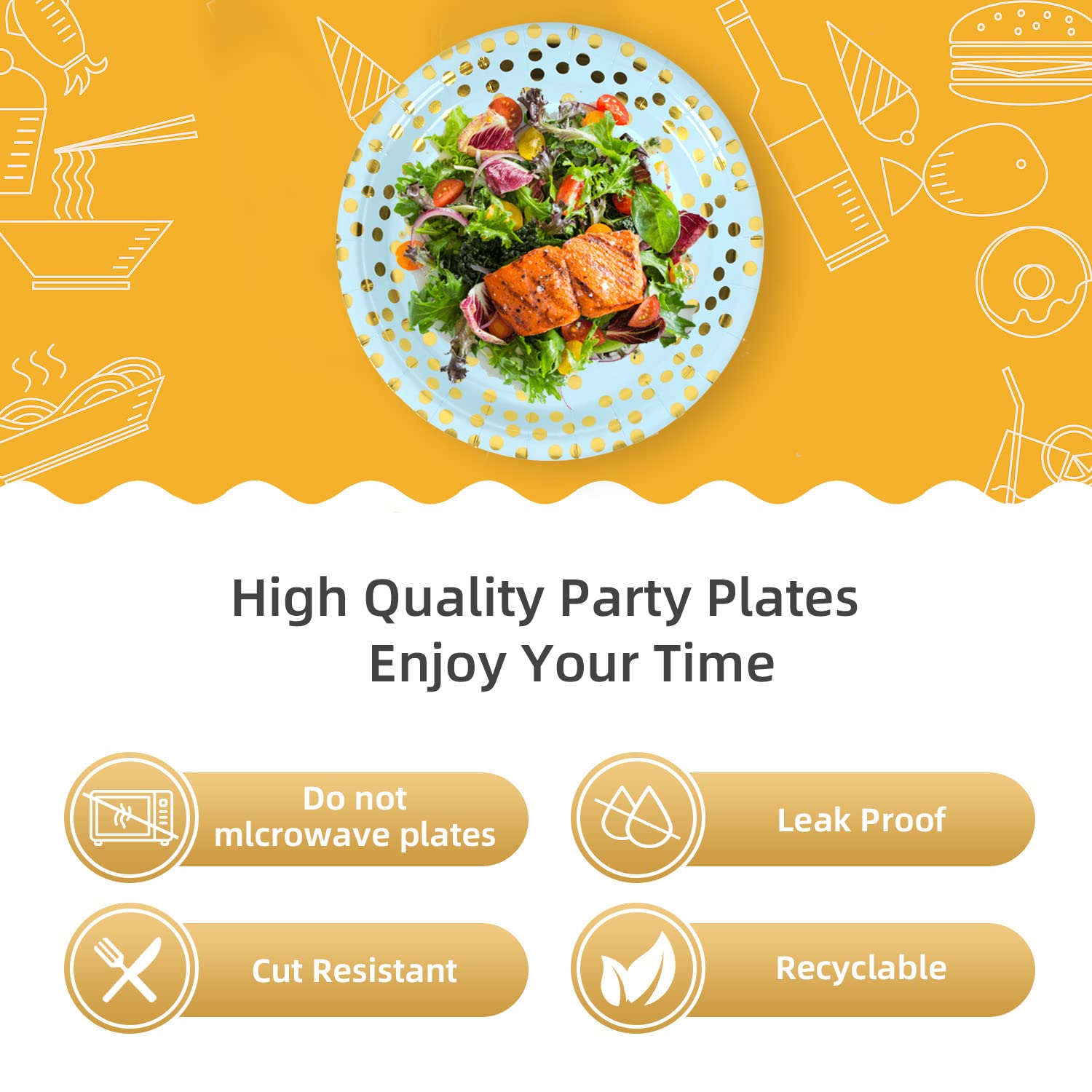 Cenlbj Blue  Gold Dots Party Paper Plates, 50 Pcs Disposable Party Supplies Dessert Paper Plates For Baby Shower,Birthday Party