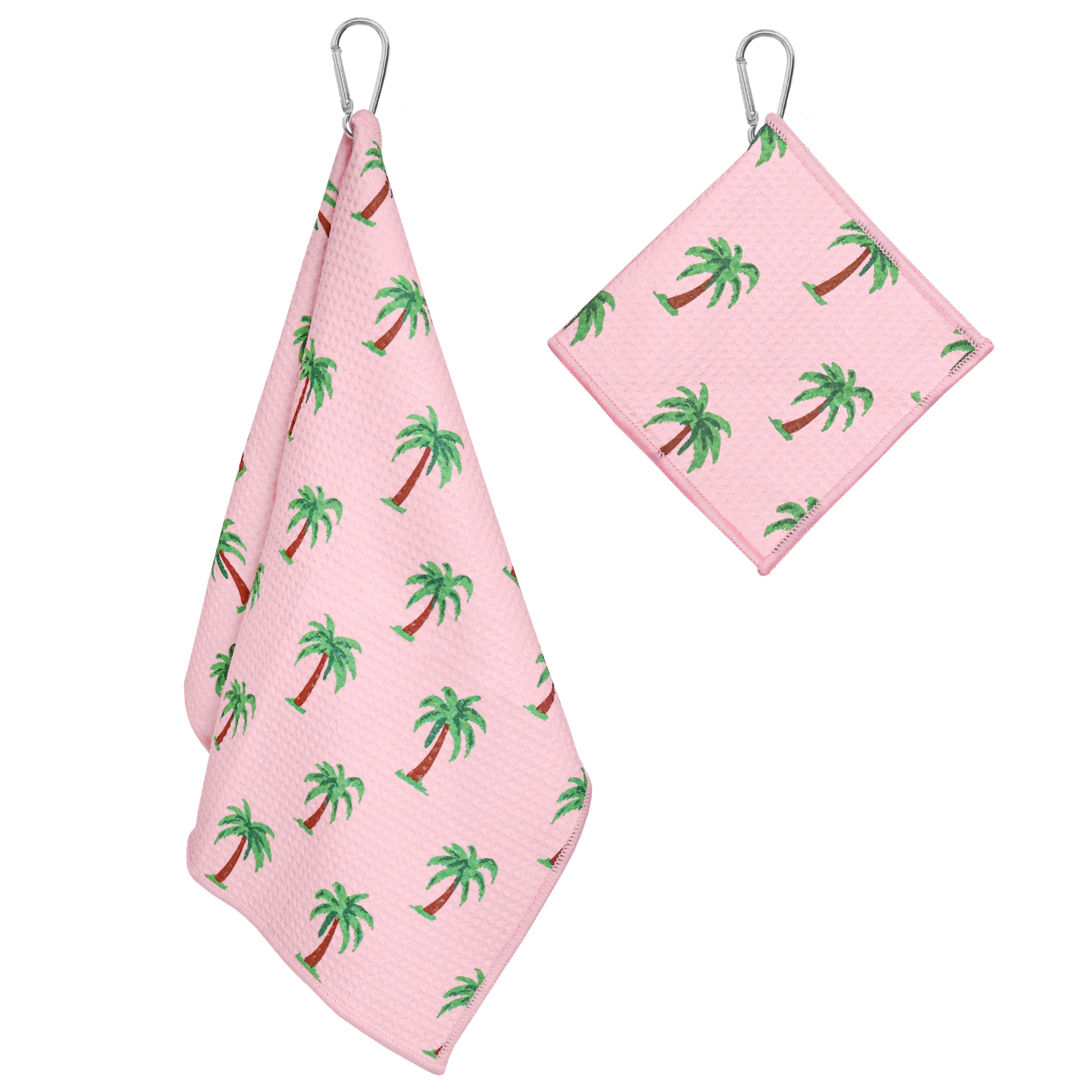 Playing It Forward Pink Palm Trees Golf Towel with Clip for Women and Men  Microfiber Waffle and Ball Towels  Set of 2