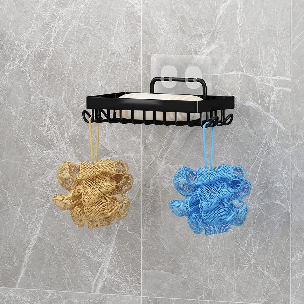 Soap Dish Soap Holder With Hooks For Shower, Rust Proof 304 Stainless Steel, Adhesive No Drilling, Black
