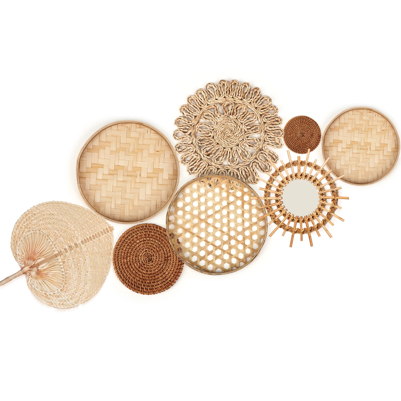 Unittype Wall Basket Decor Set Of 8 Boho Wicker Wall Handmade Decor With Rattan Mirror Farmhouse Woven Wall Hanging Basket Decor