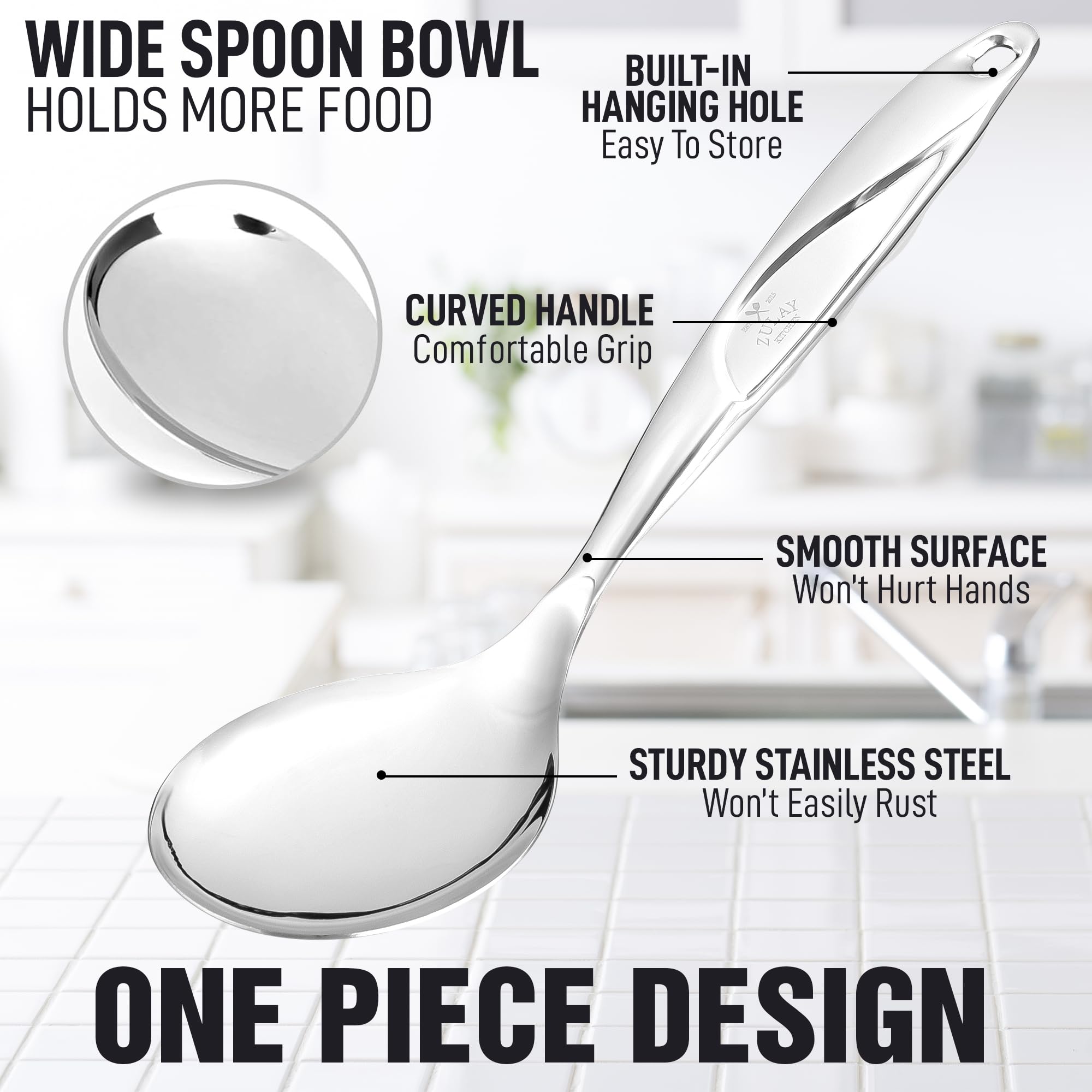 Zulay Kitchen Stainless Steel Serving Spoon - Large Cooking Spoon - Durable Premium Stainless Steel With Comfortable, Ergonomic