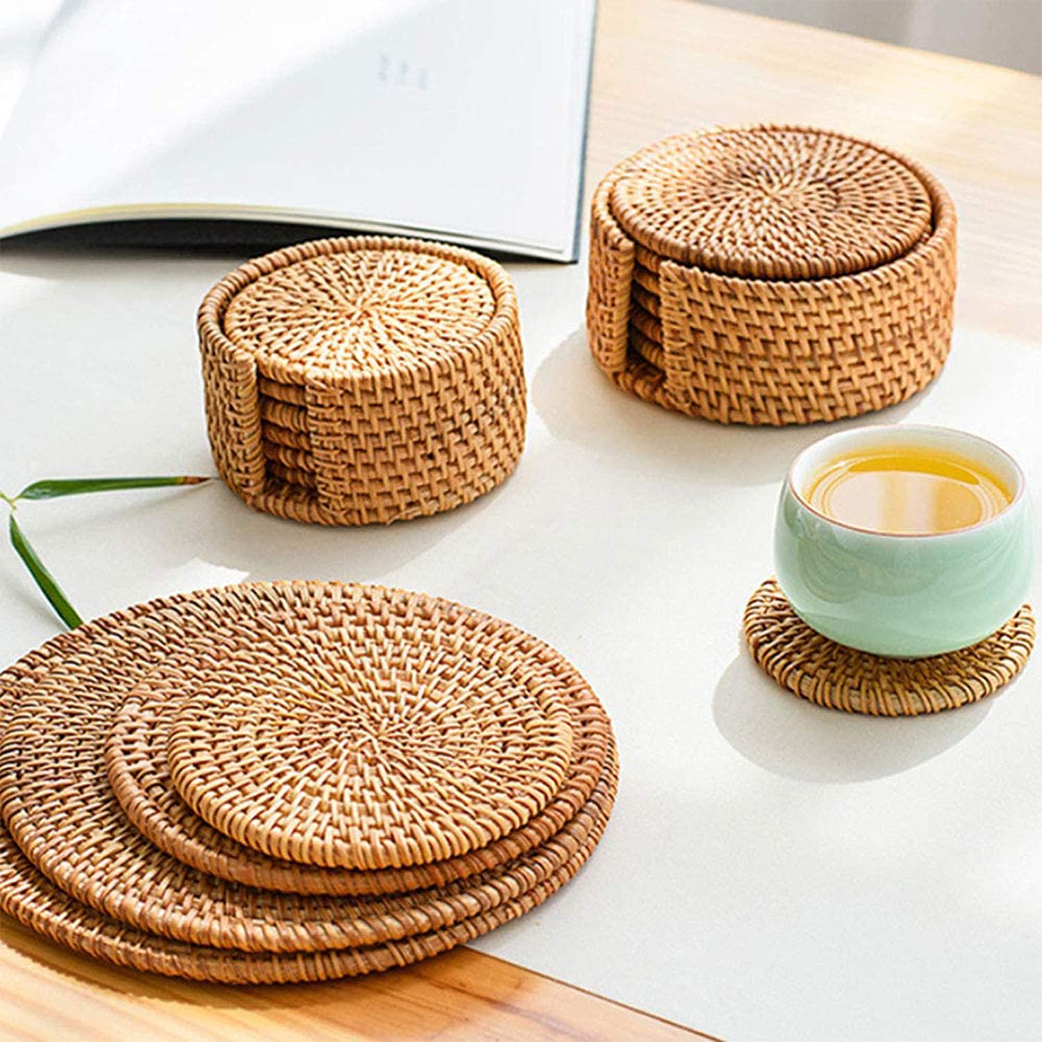 Eneocare Handmade Natural Rattan Coasters For Drinks, Wicker Boho Coasters, Woven Coasters For Drinks | Heat Resistant Reusable