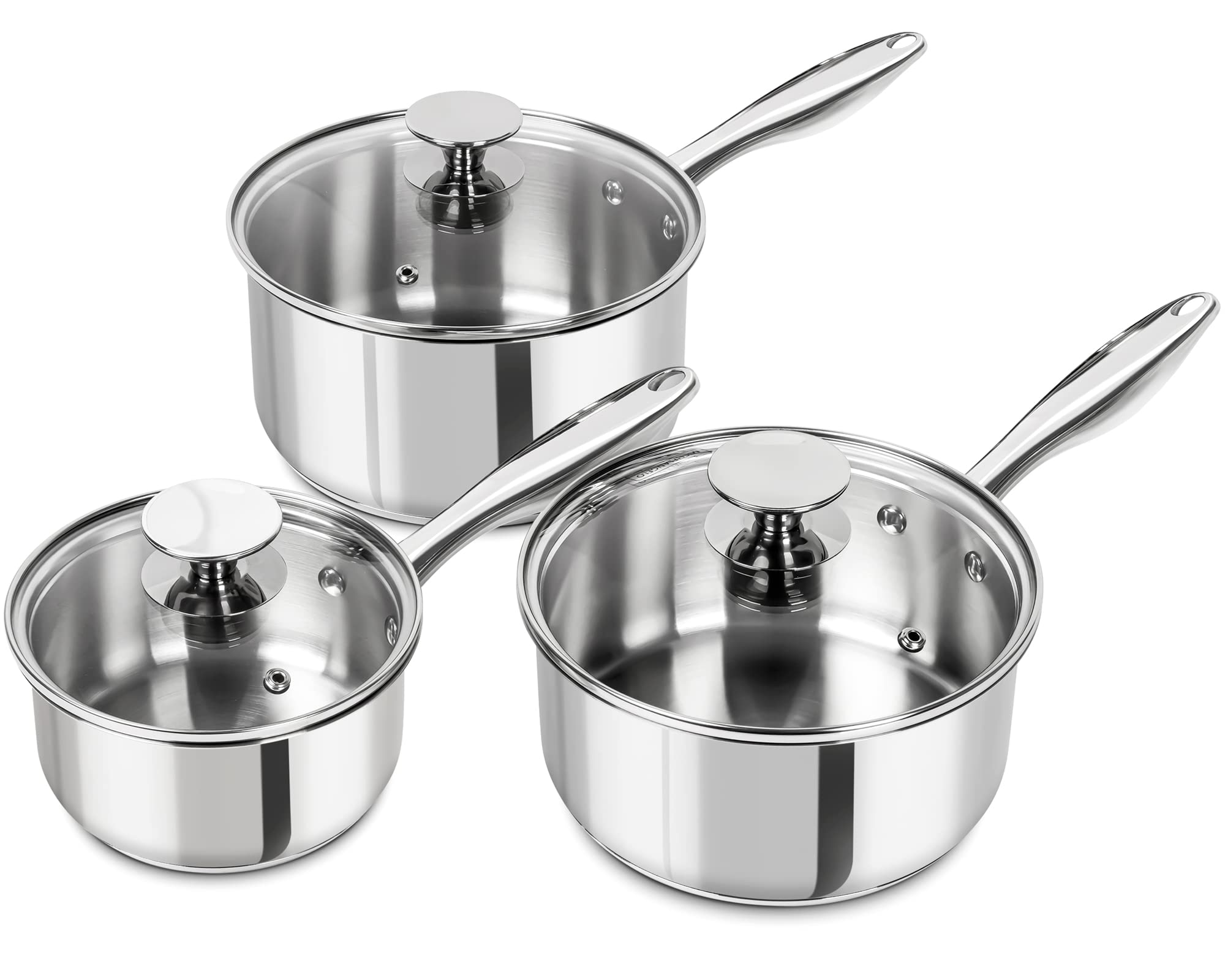 Michelangelo Stainless Steel Saucepan Set With Lids 1Qt & 2Qt & 3Qt, Stainless Steel Sauce Pot Set 6Pcs, Induction Saucepans, No