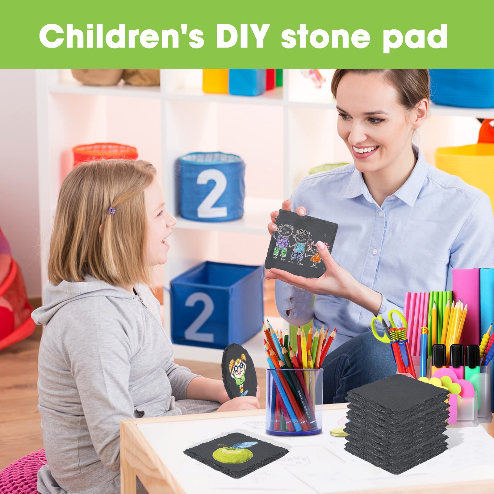Slate Coasters for Drinks with Holder- Set of 20- Durable & Natural Stone Tiles for Drinks  Perfect for Crafts  Laser Engraving  Non-Slip Surface (20)