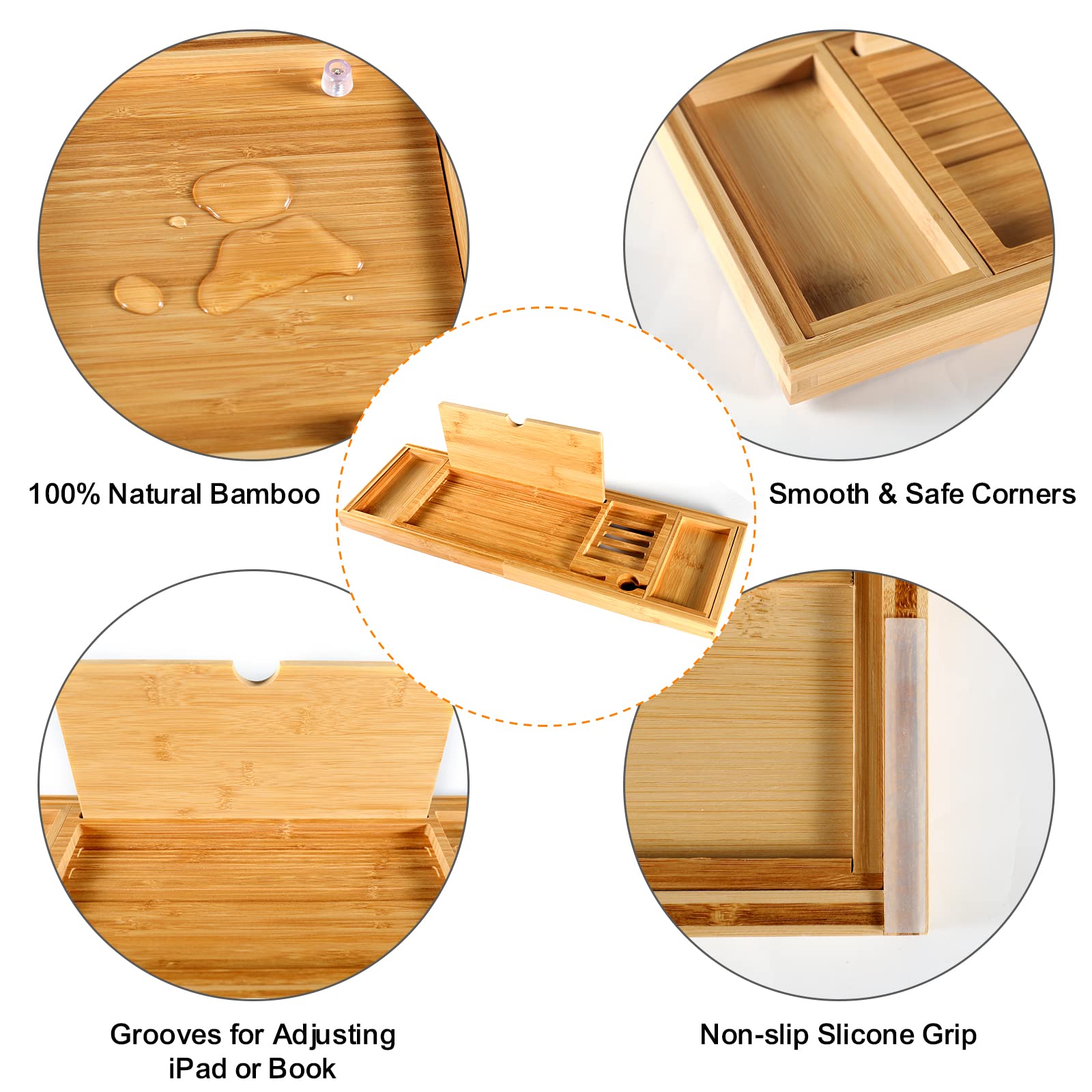 Premium Bathtub Caddy Tray For Tub, Bamboo Bath Tray For Tub With Extending Sides, Adjustable Bath Tub Tray Wood For Luxury Bath