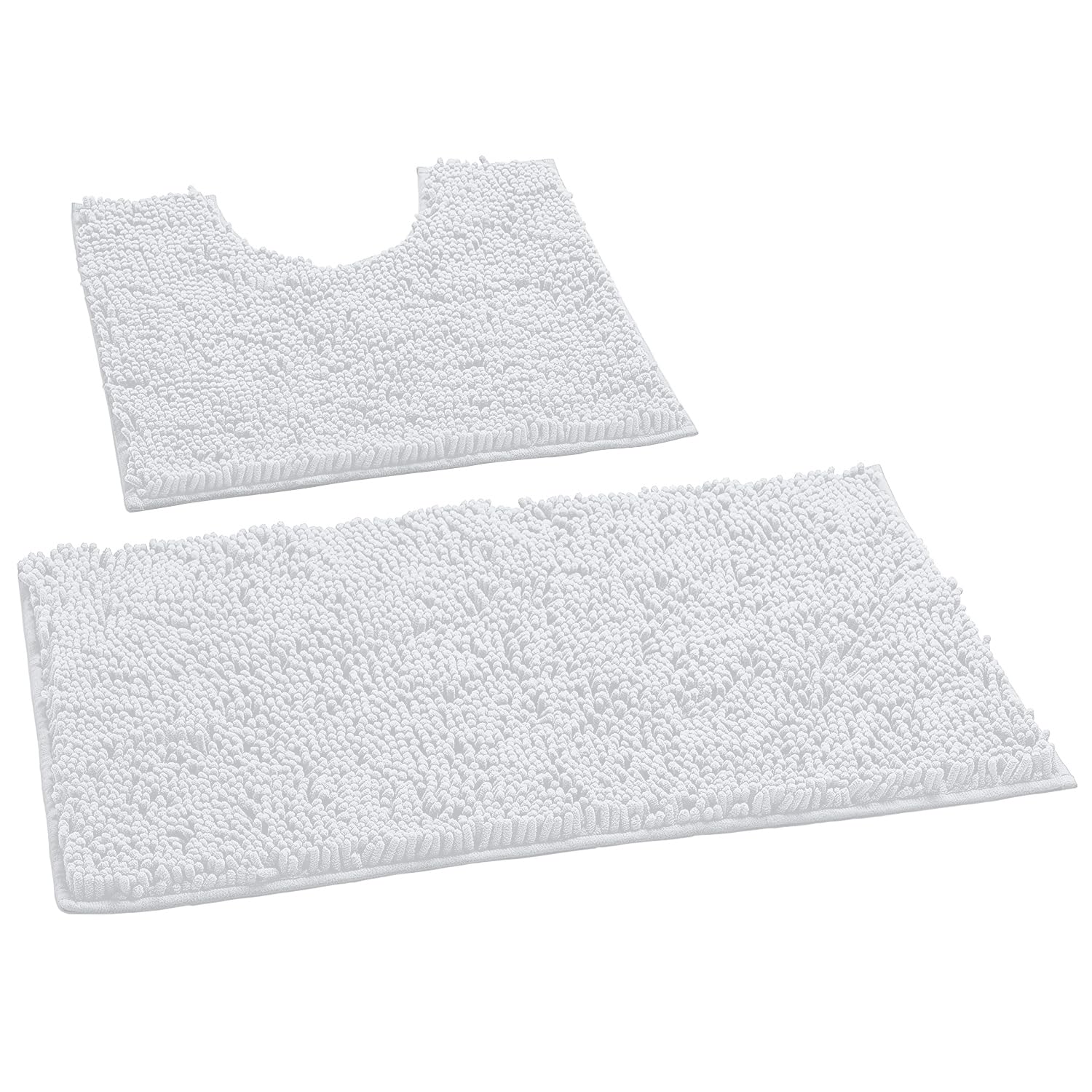 White Bathroom Rugs Sets 2 Piece, Luxury Chenille Bath Mat Set, Soft Plush Anti-Slip Bath Rug + U-Shaped Toilet Mat. Super Absor
